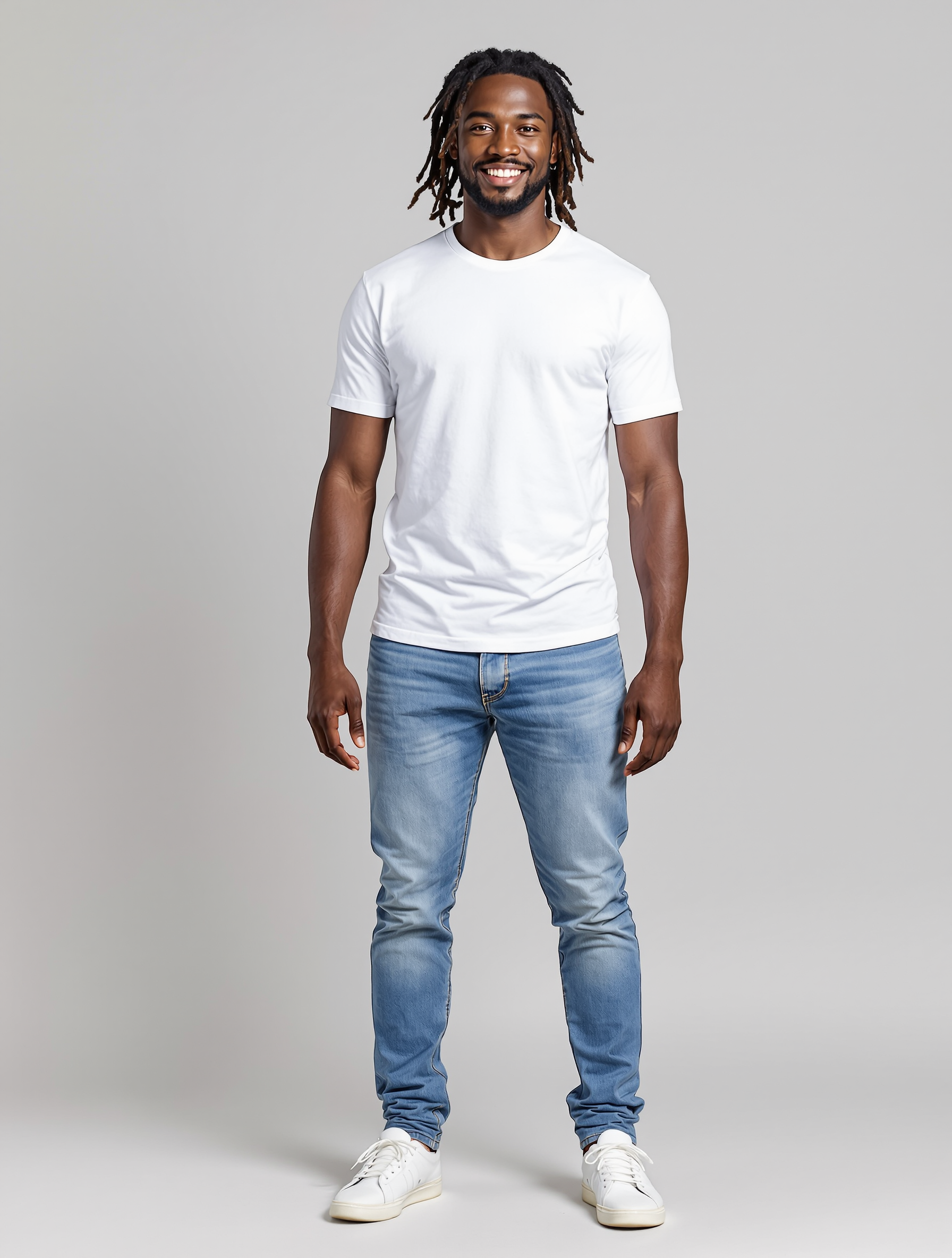 Man in white t-shirt and blue jeans smiling at camera
