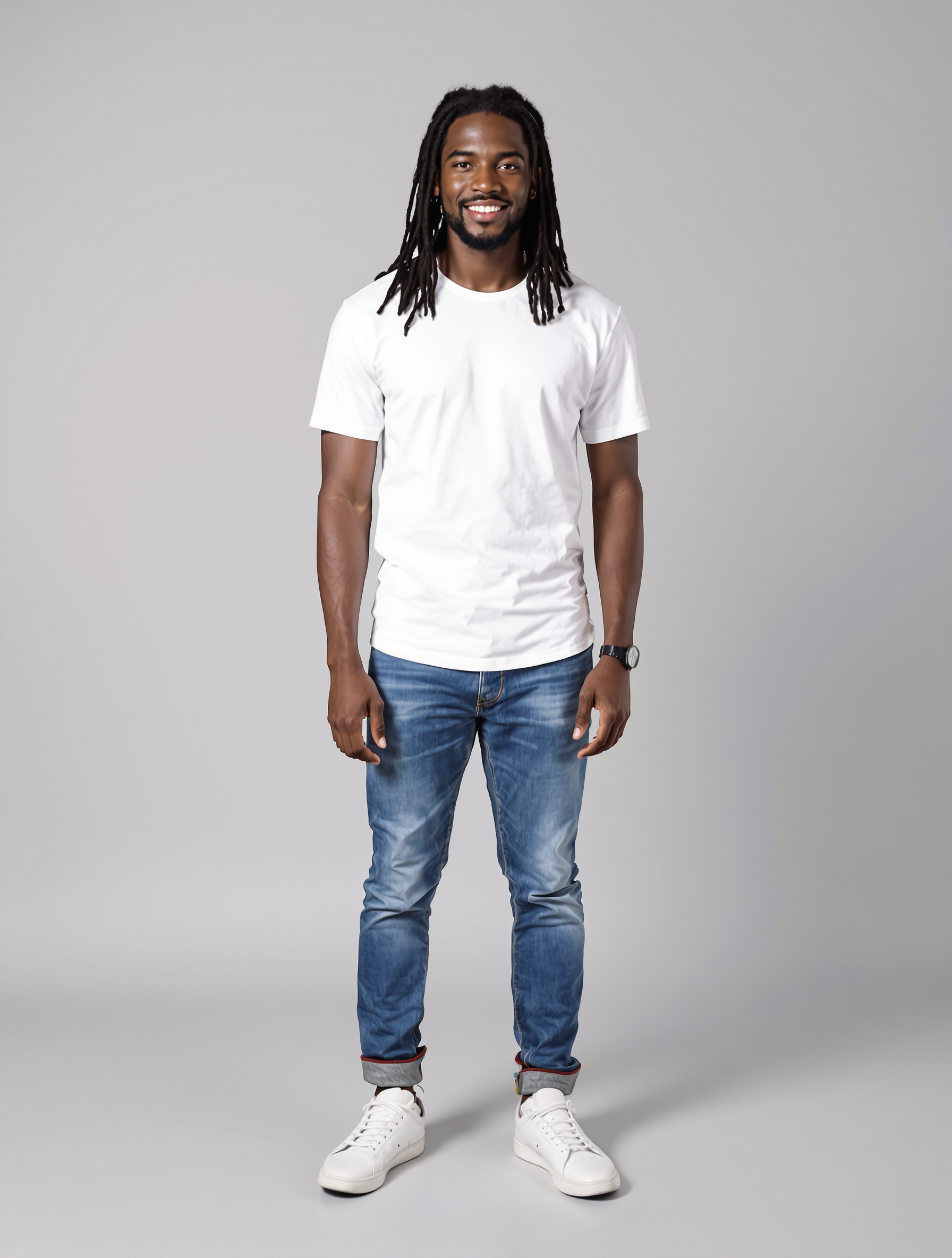 Man in white t-shirt and blue jeans with white sneakers