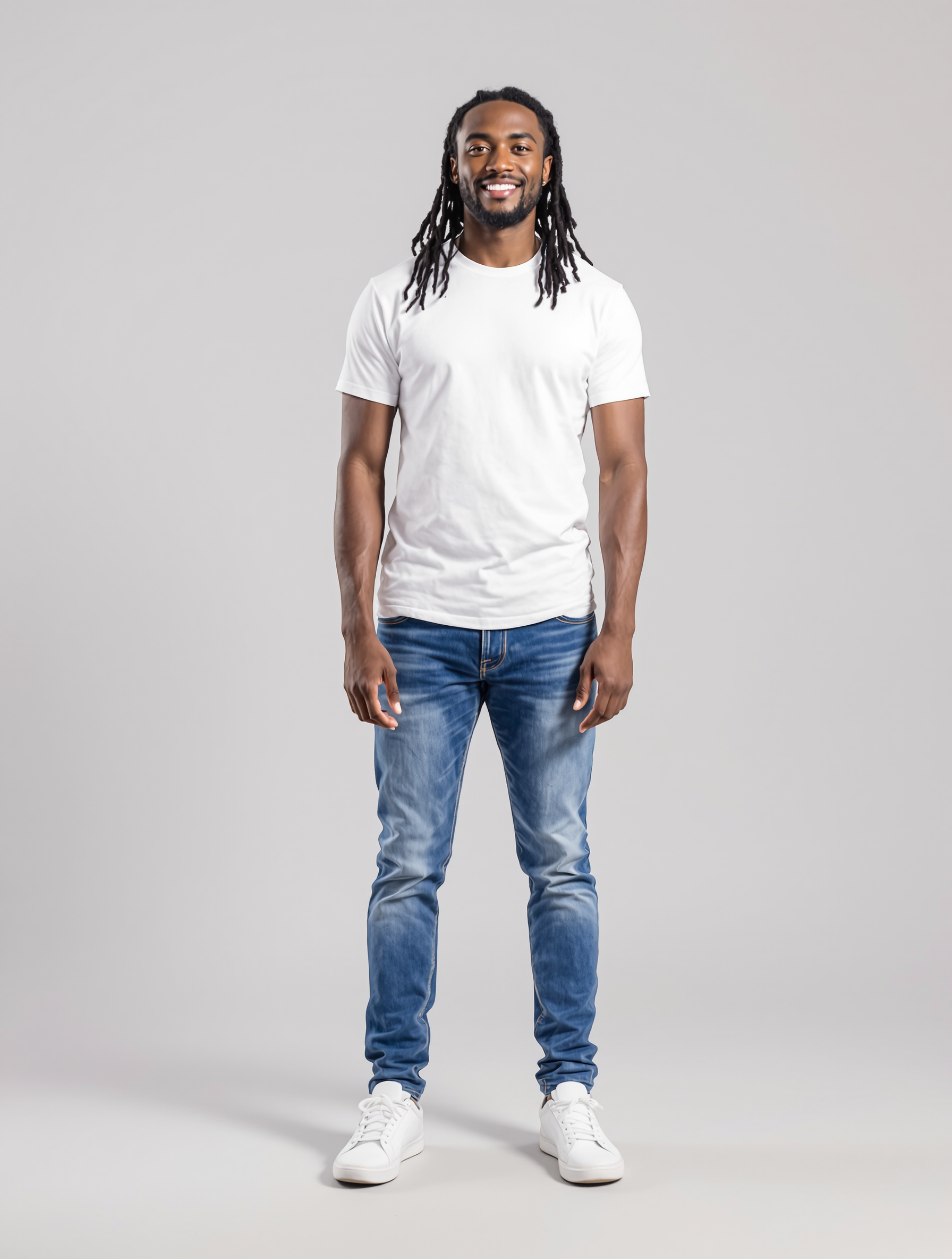 Man in white tee and blue jeans with dreadlocks smiling