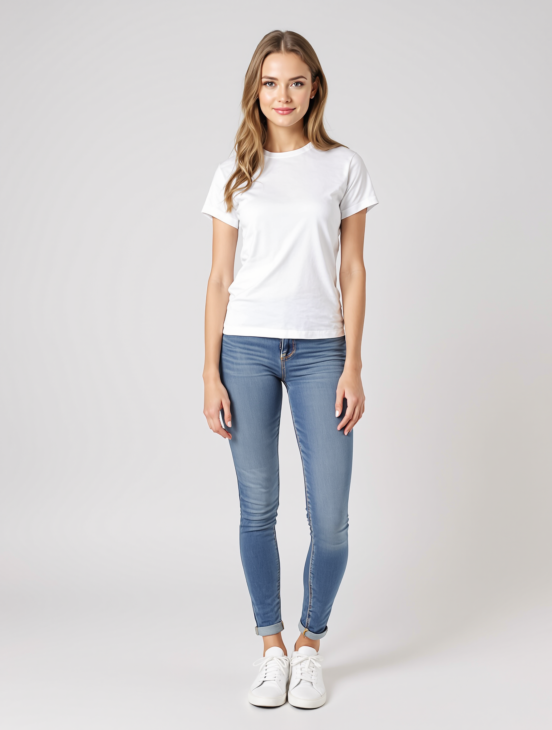 Woman in white t-shirt and blue skinny jeans with white sneakers