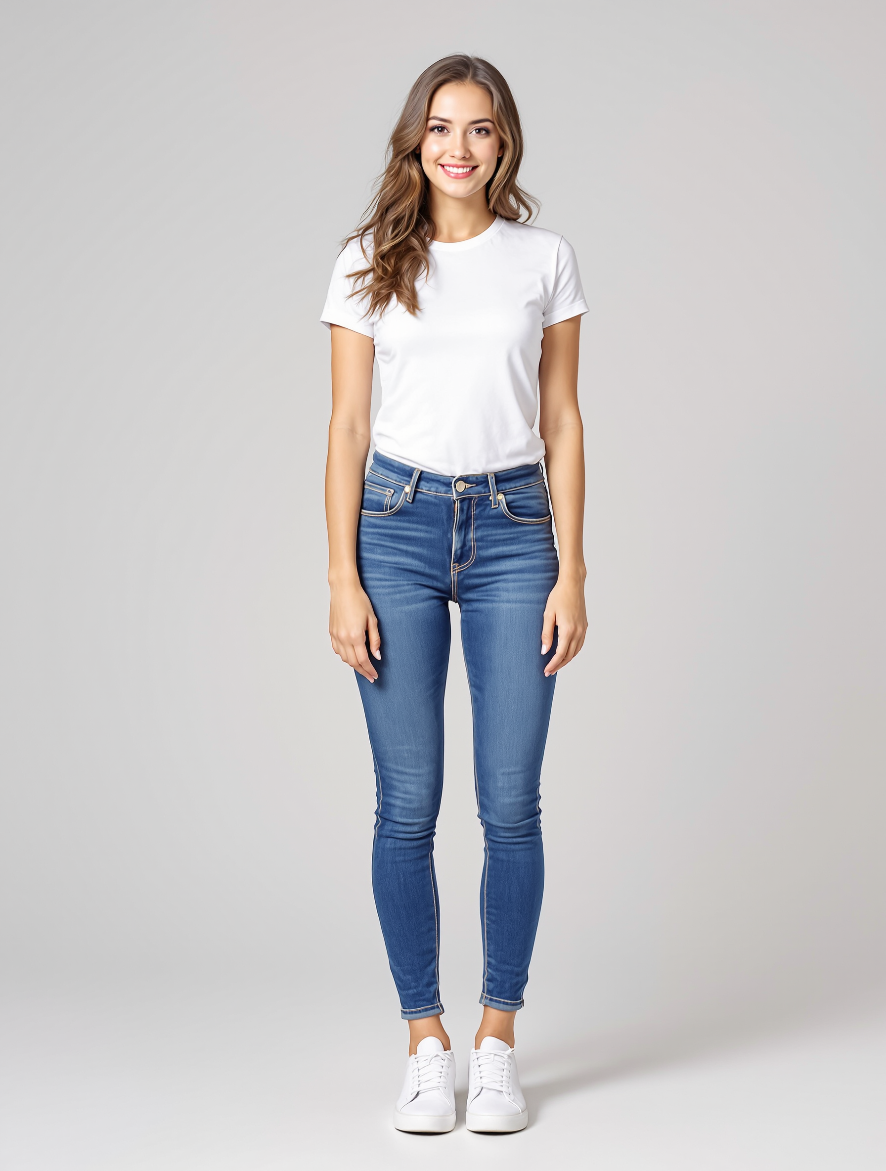 Woman in white t-shirt and blue skinny jeans with white sneakers