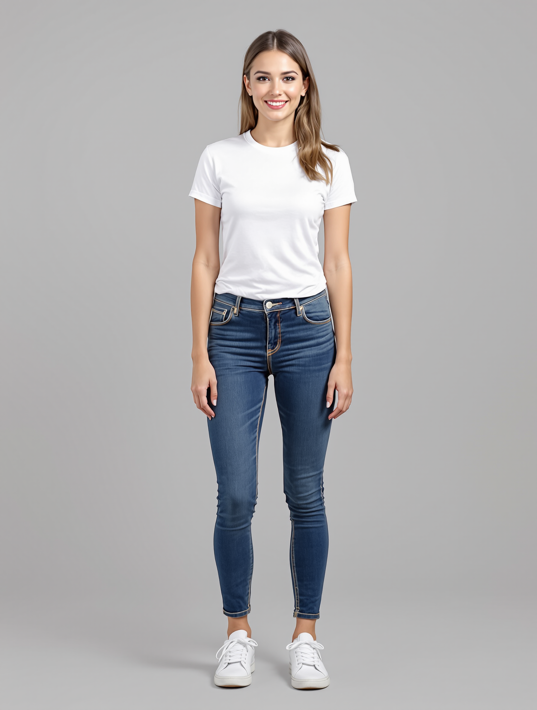 Woman in white t-shirt and dark skinny jeans with white sneakers