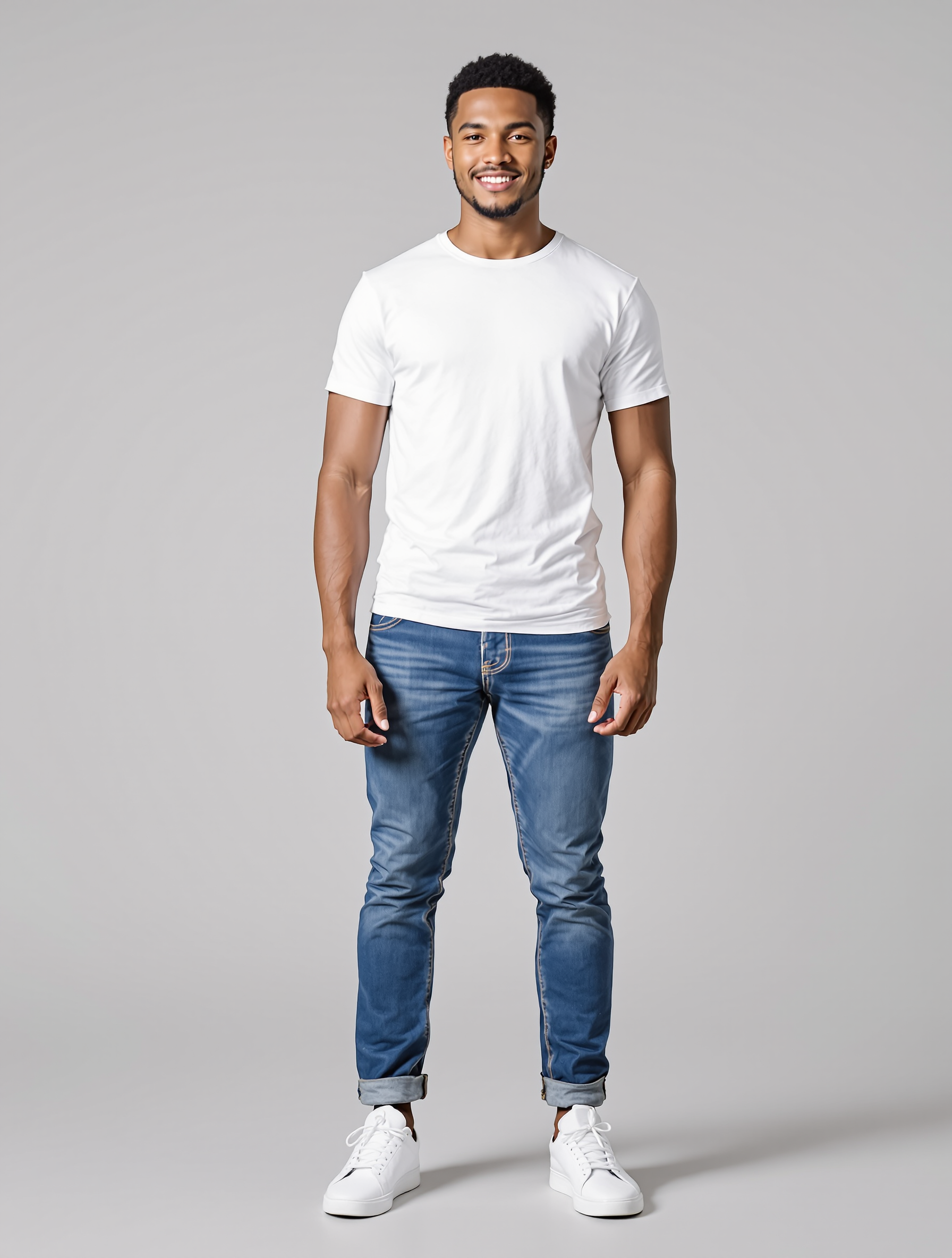 Man in white t-shirt and rolled blue jeans with white sneakers