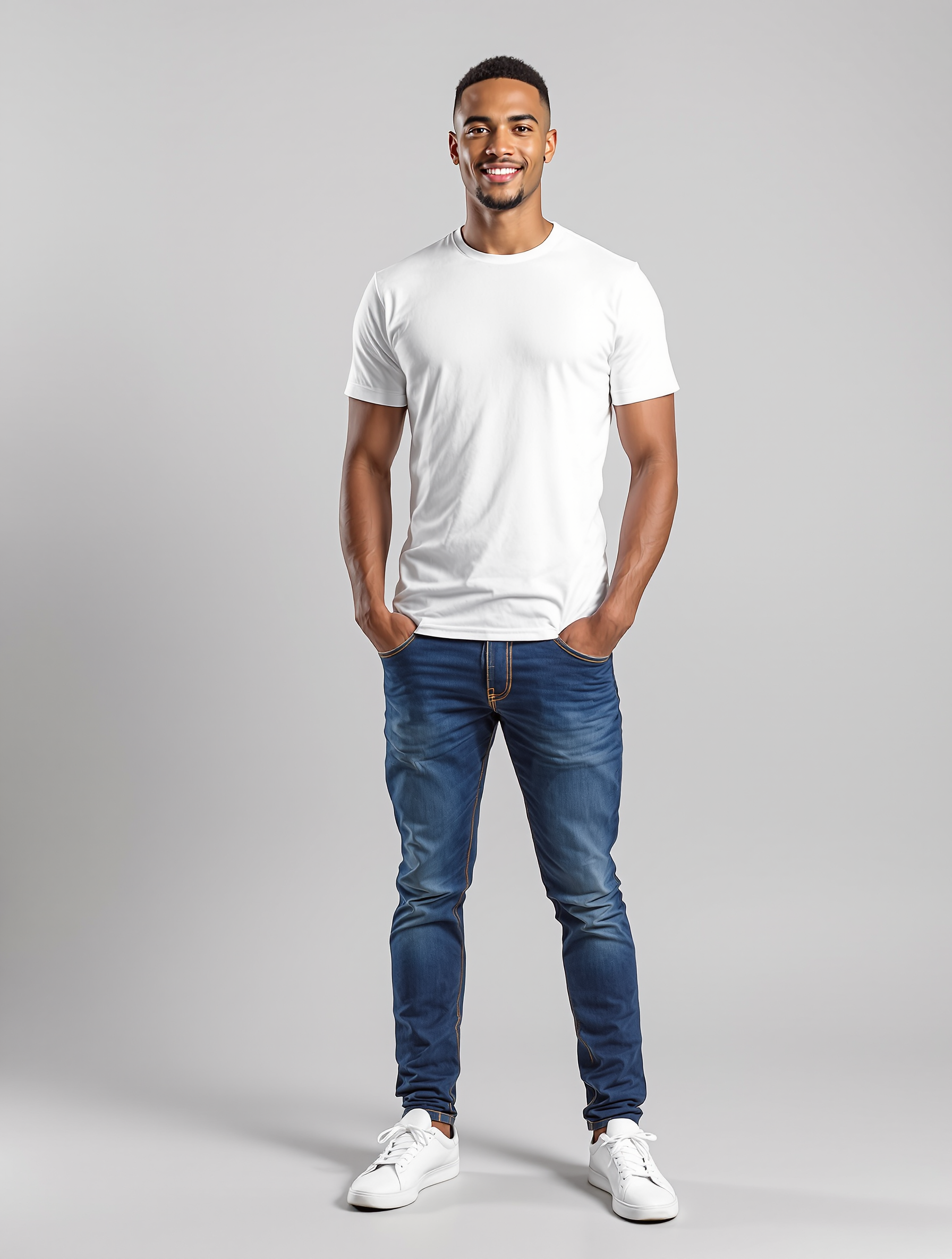 Man in white crew neck tee and dark wash jeans standing casually
