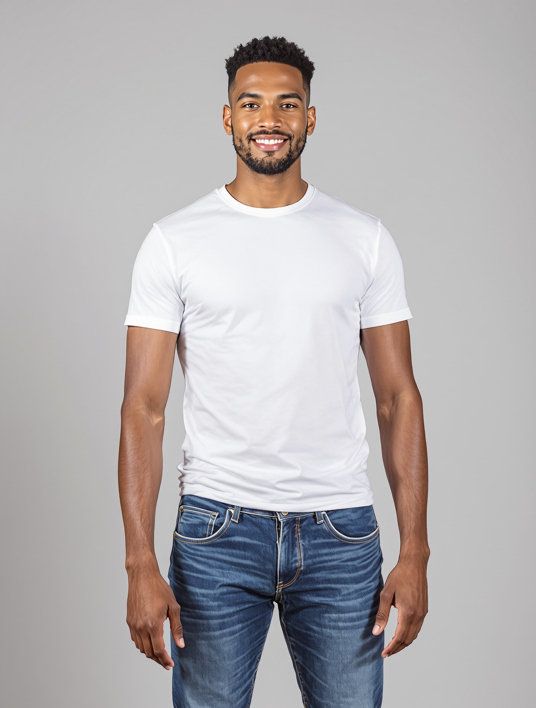 Man in white crew neck t-shirt and blue jeans smiling at camera