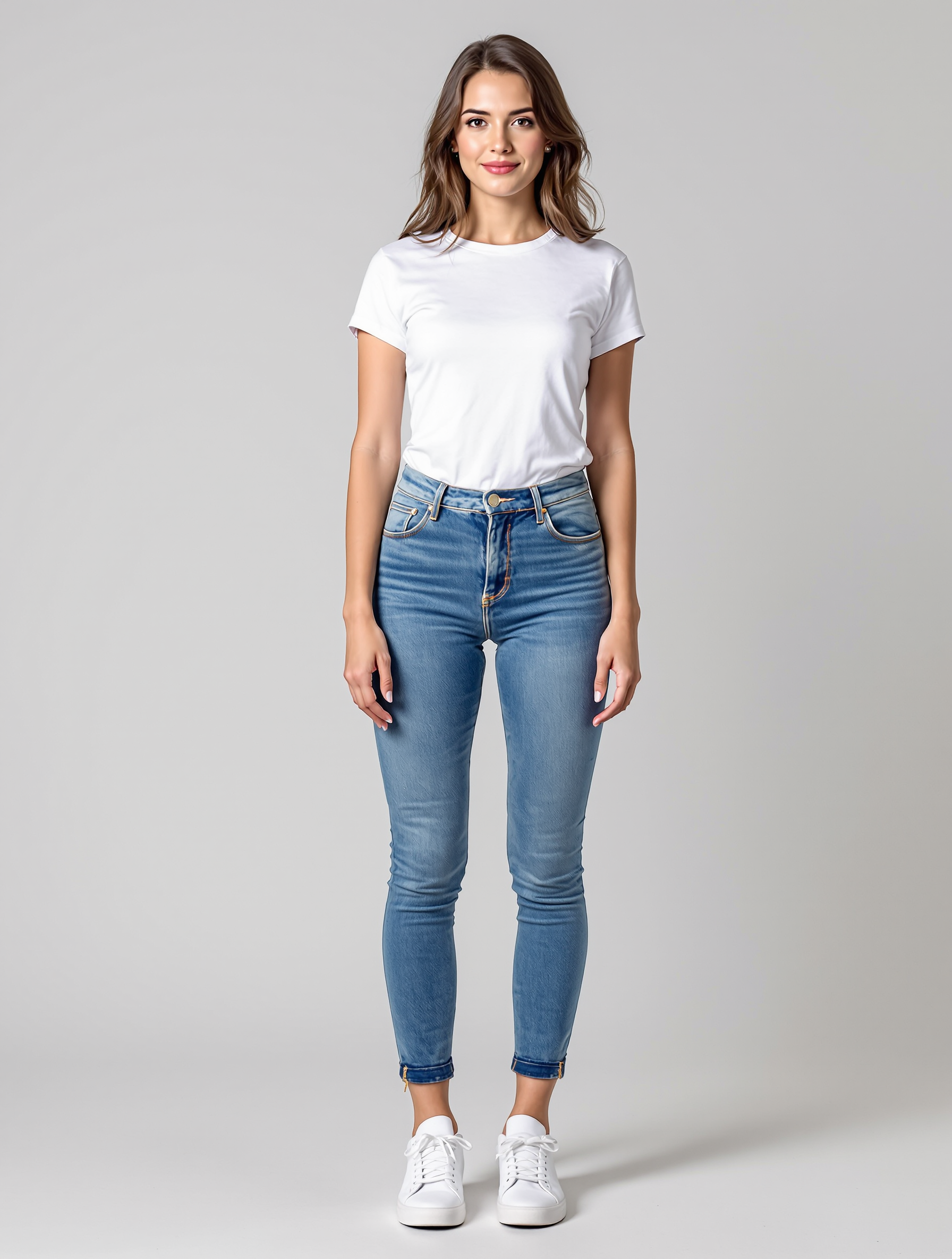 Woman in white t-shirt and blue jeans with white sneakers