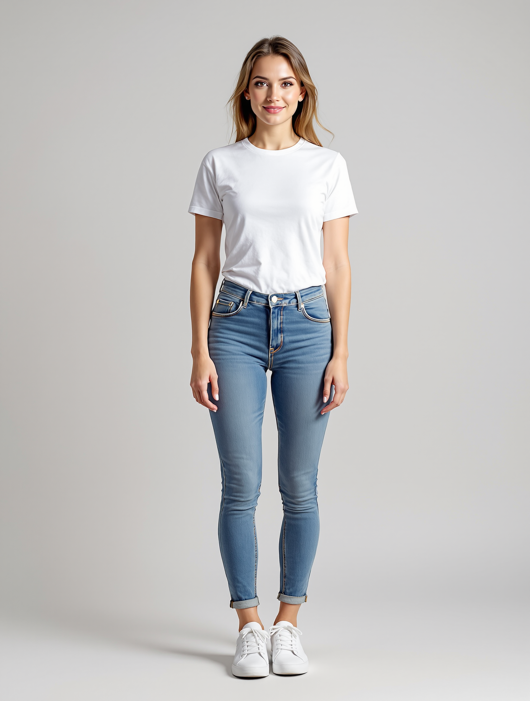 Woman in white t-shirt and cuffed blue jeans with white sneakers