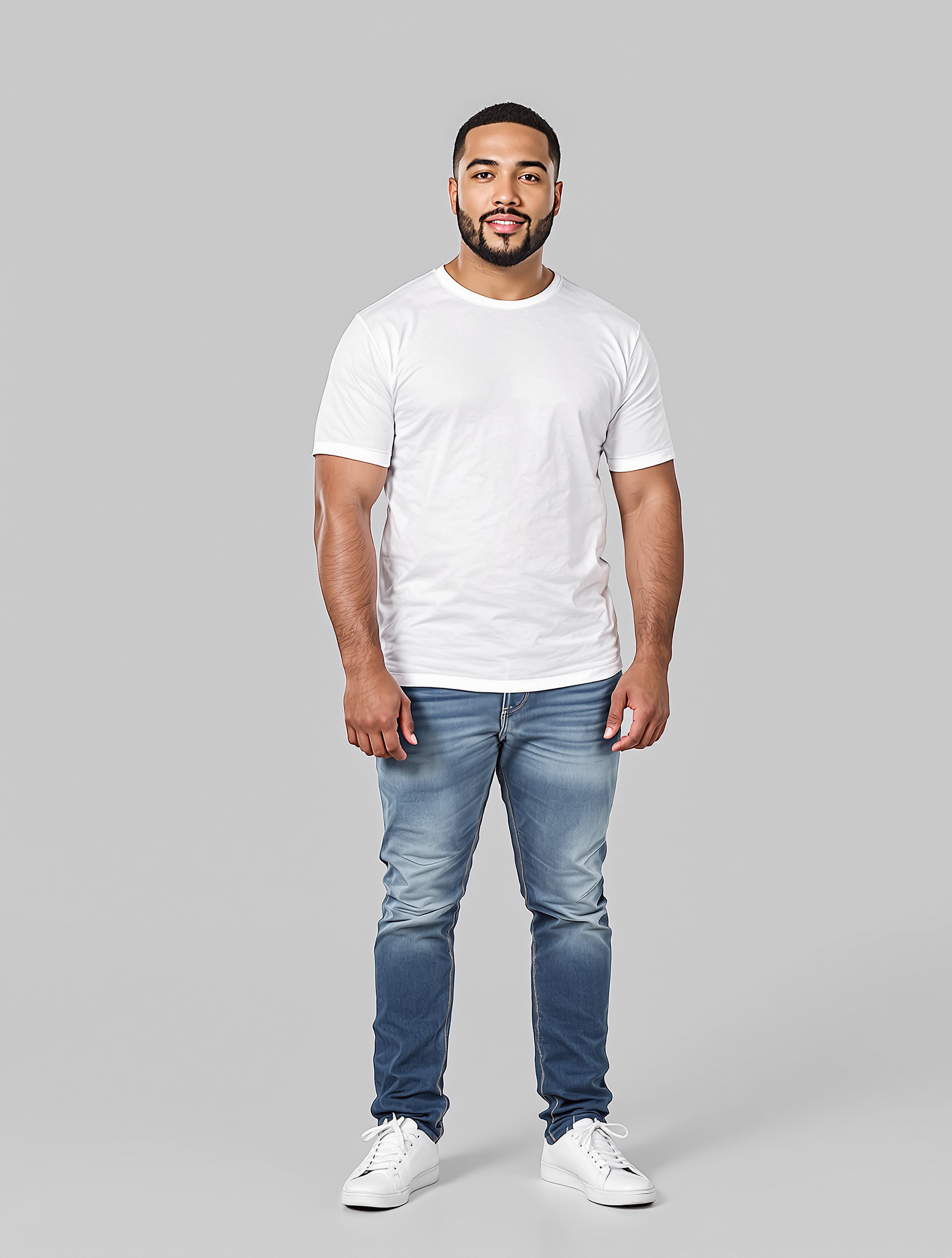 Man in white t-shirt and medium wash jeans standing against gray background
