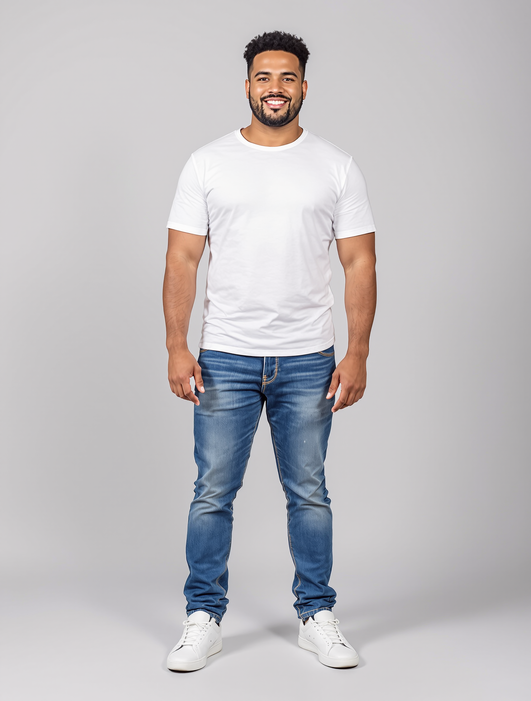 Man in white t-shirt and blue jeans standing against gray background