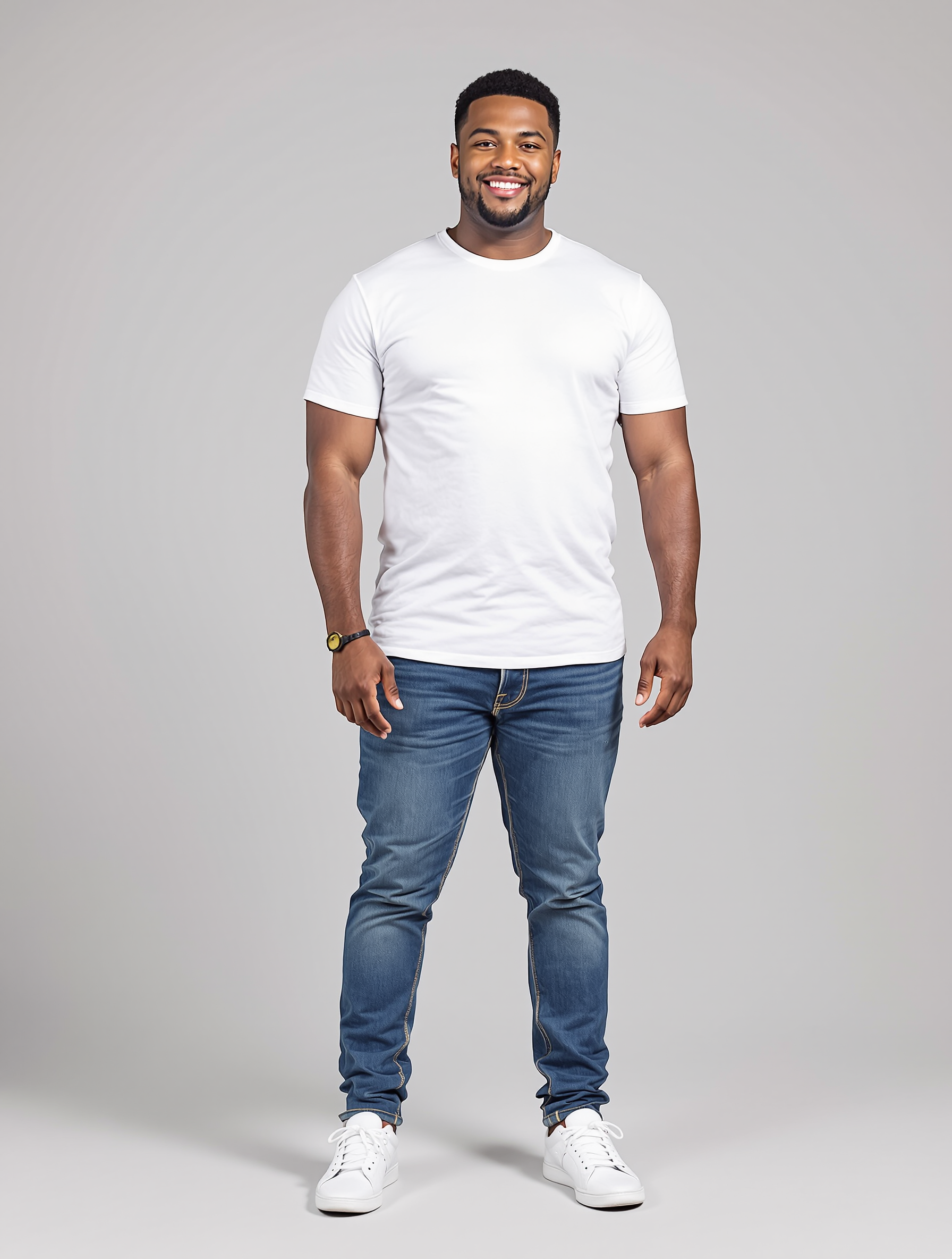 Man in white t-shirt and blue jeans smiling at camera