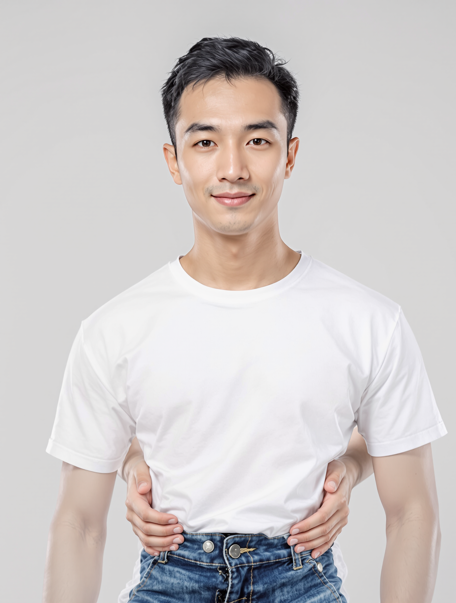 Man in white t-shirt and jeans with hands on hips