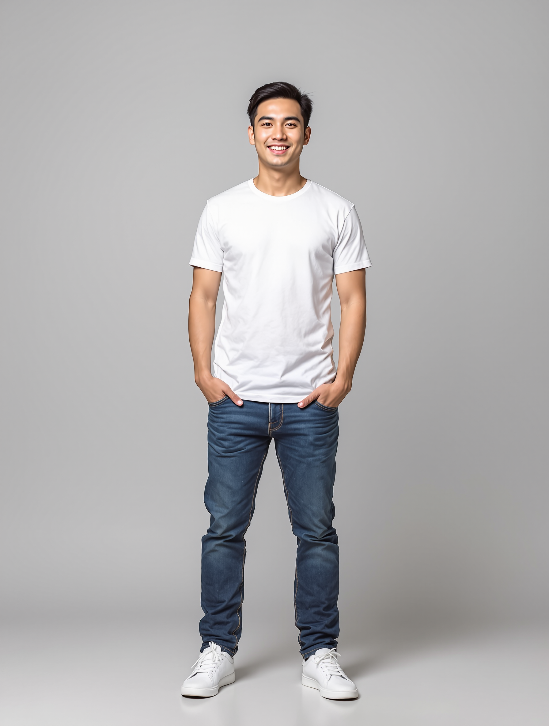 Man in white t-shirt and dark jeans standing against neutral background