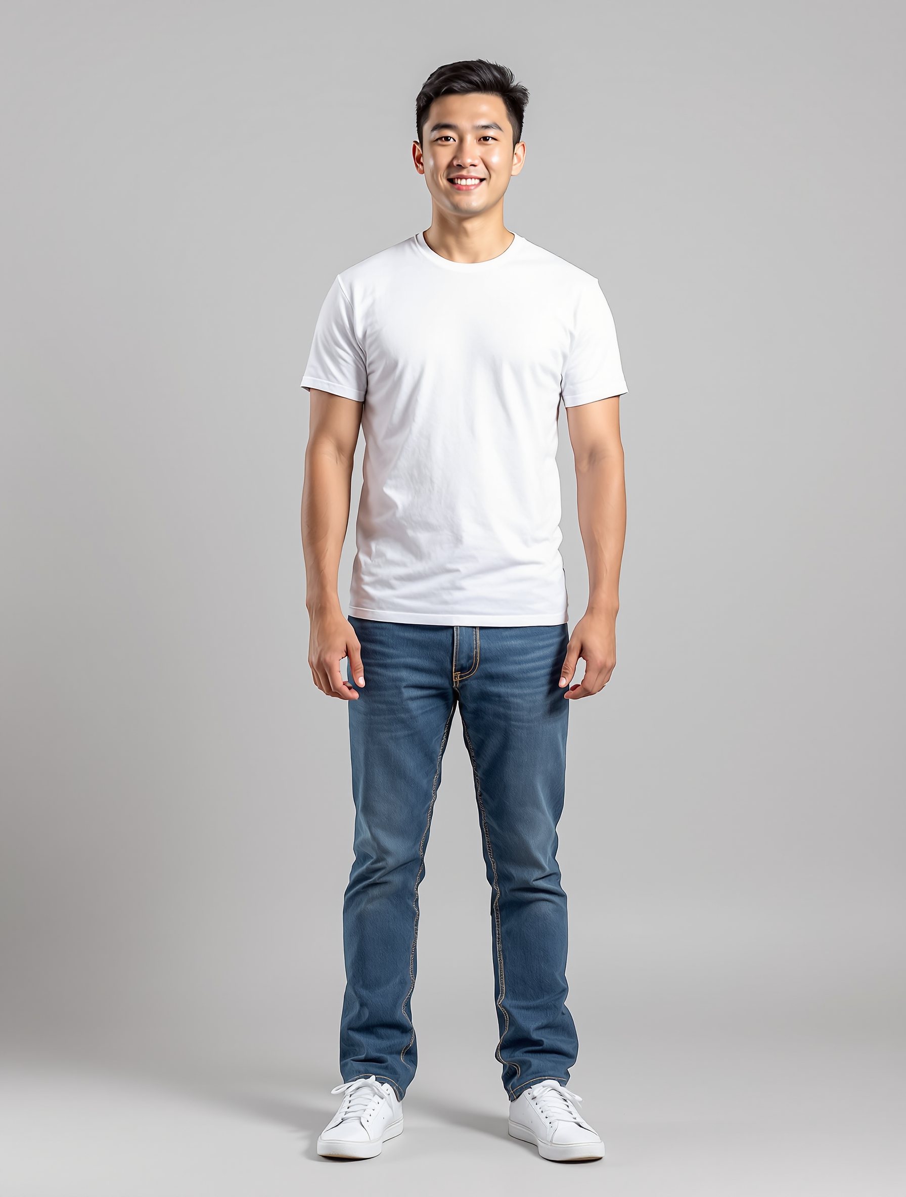 Man in white t-shirt and blue jeans standing against gray background