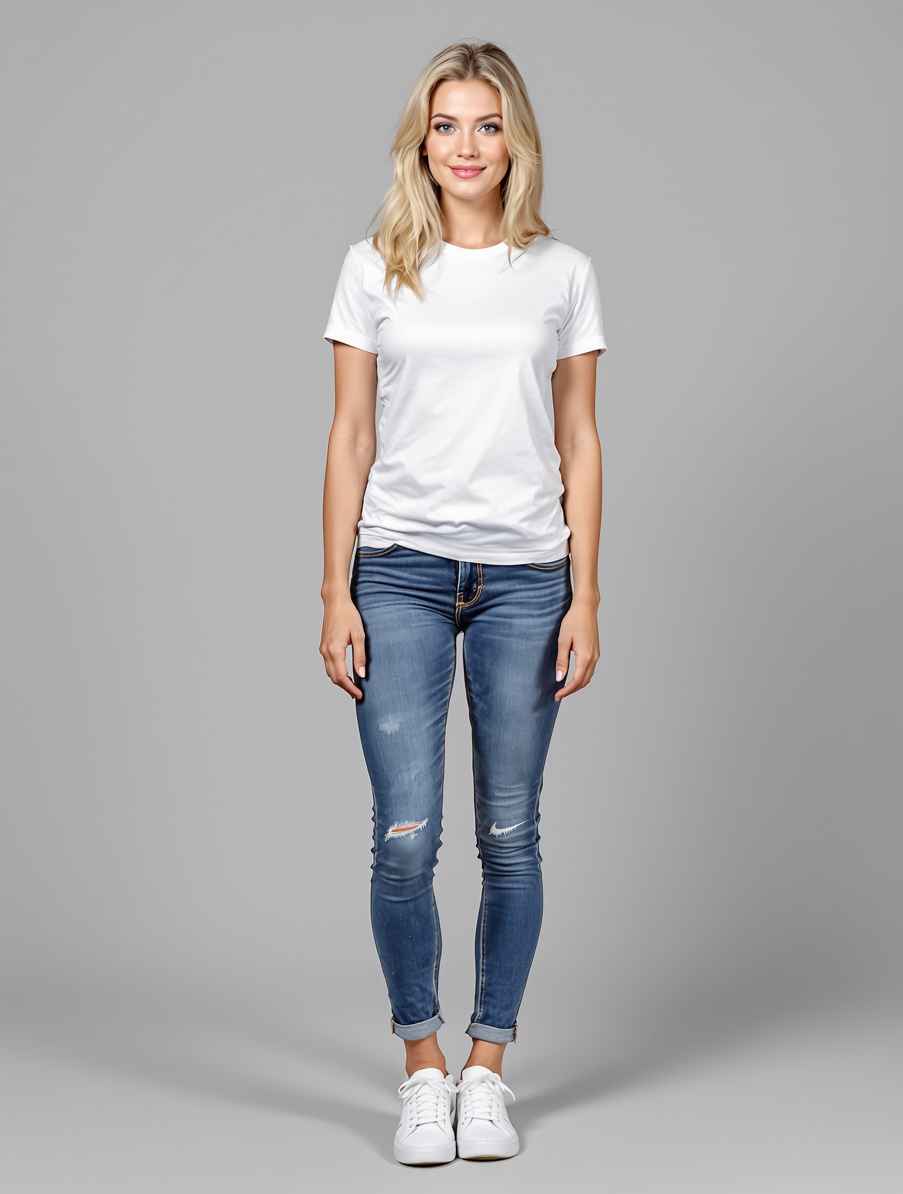 Woman in white t-shirt and distressed blue jeans standing centered
