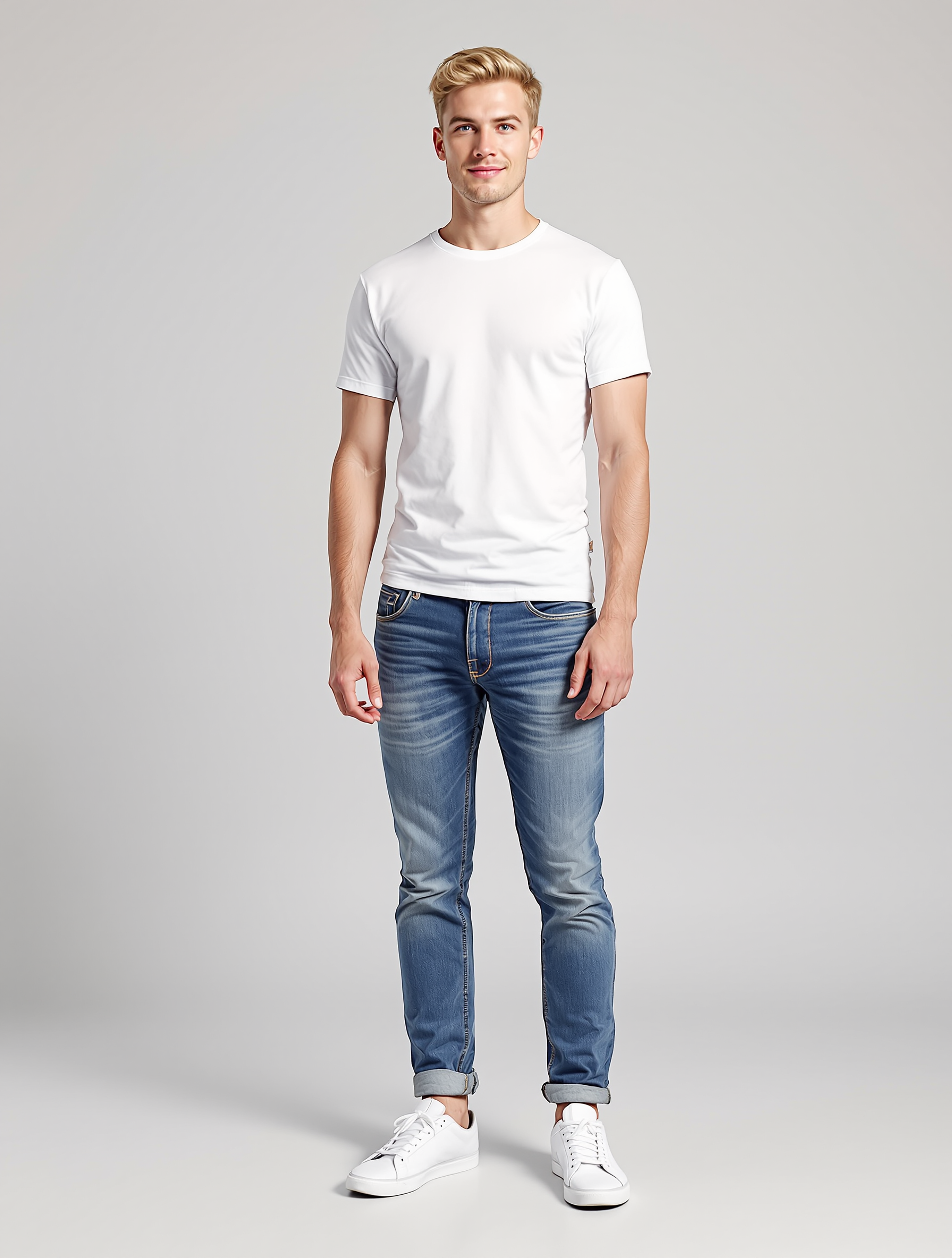 Man in white t-shirt and rolled blue jeans with white sneakers