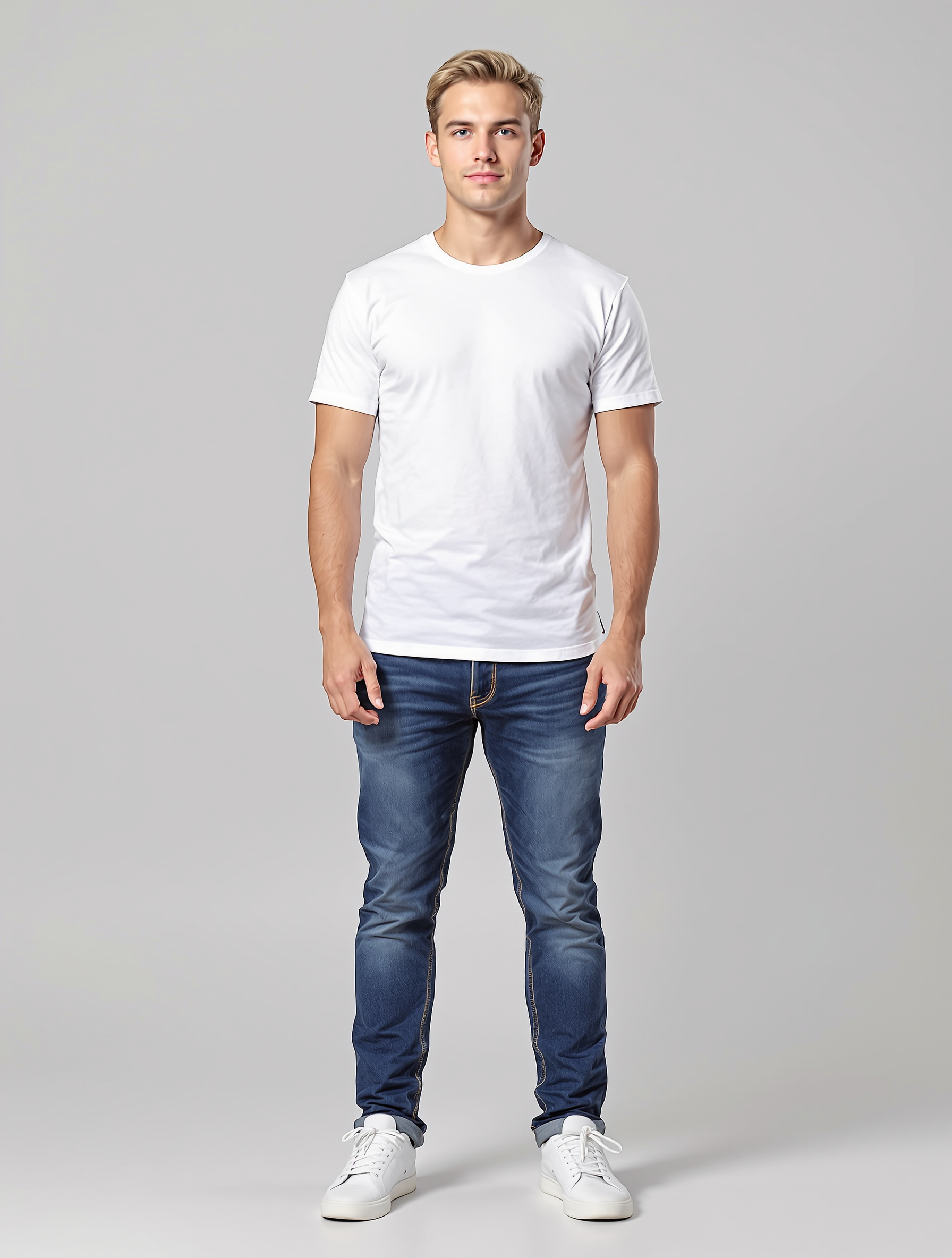Man in white t-shirt and dark jeans with white sneakers