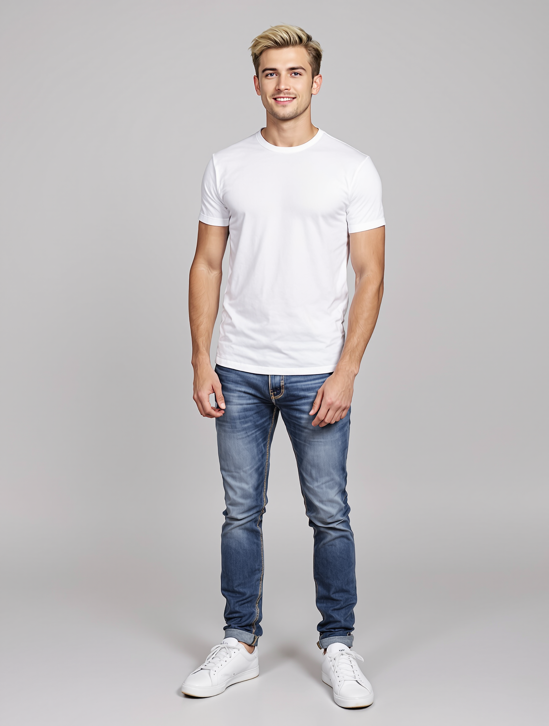 Man in white t-shirt and blue jeans with white sneakers