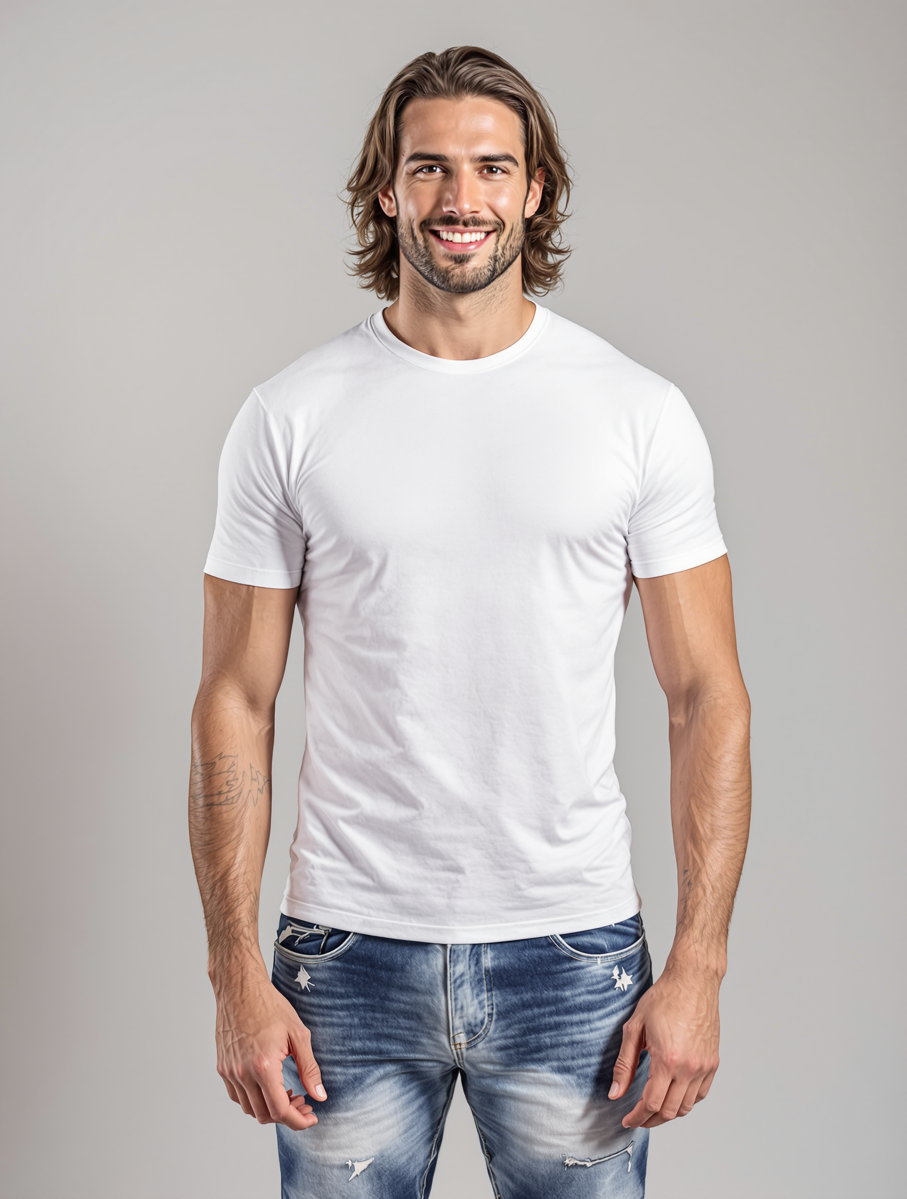 Man with shoulder-length brown hair wearing white t-shirt and distressed jeans
