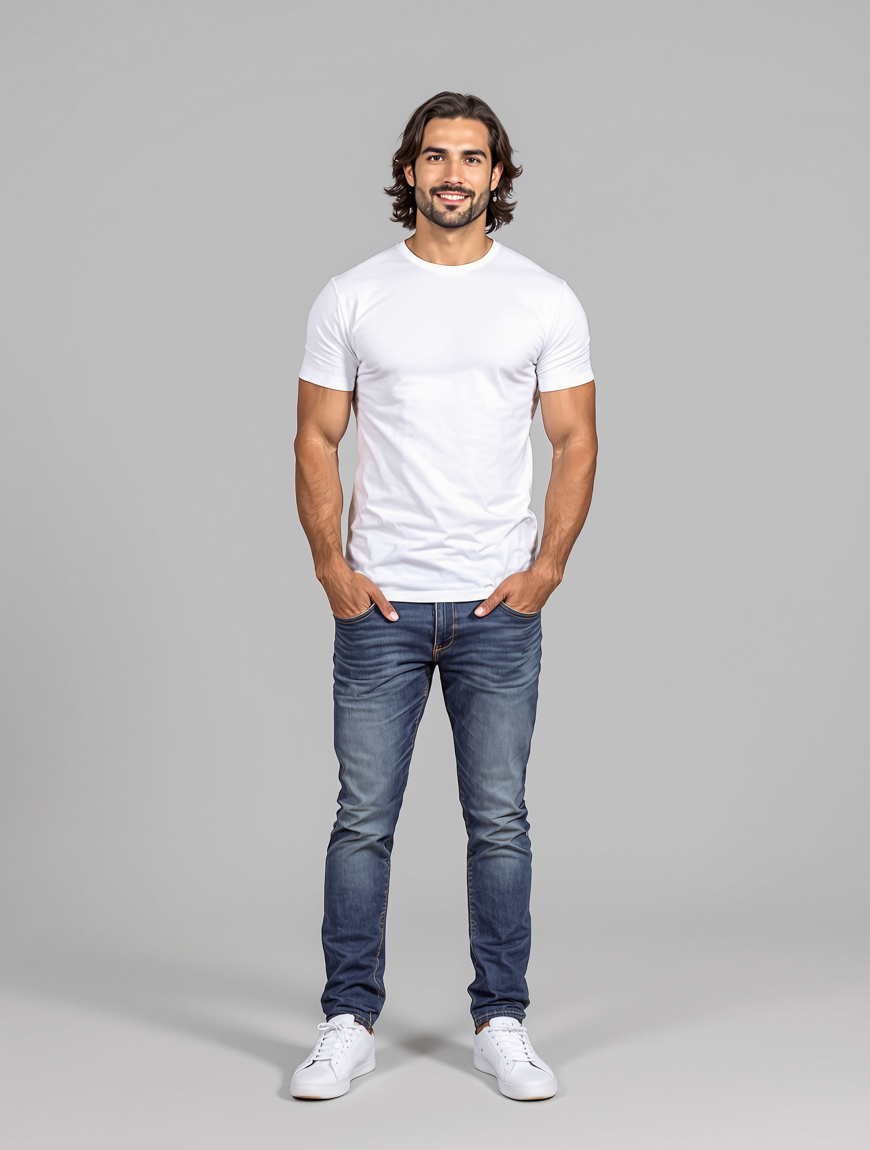 Man in white t-shirt and blue jeans with white sneakers