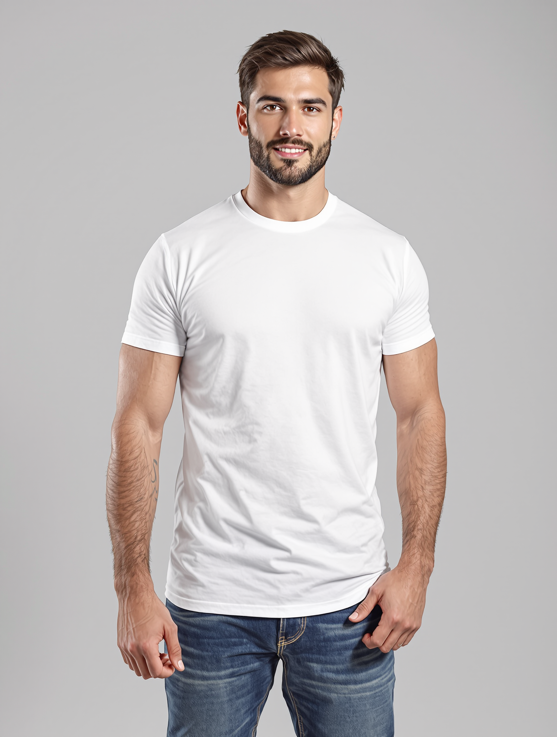 Man in white crew neck t-shirt and dark jeans smiling
