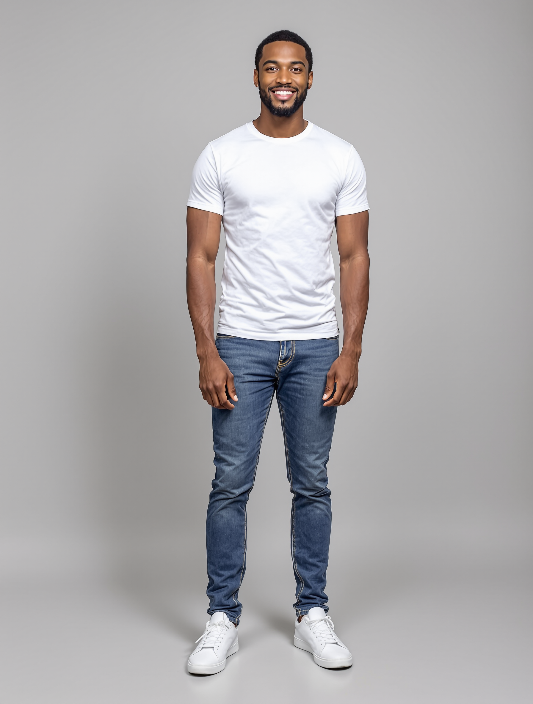 Man in white t-shirt and blue jeans standing against gray background