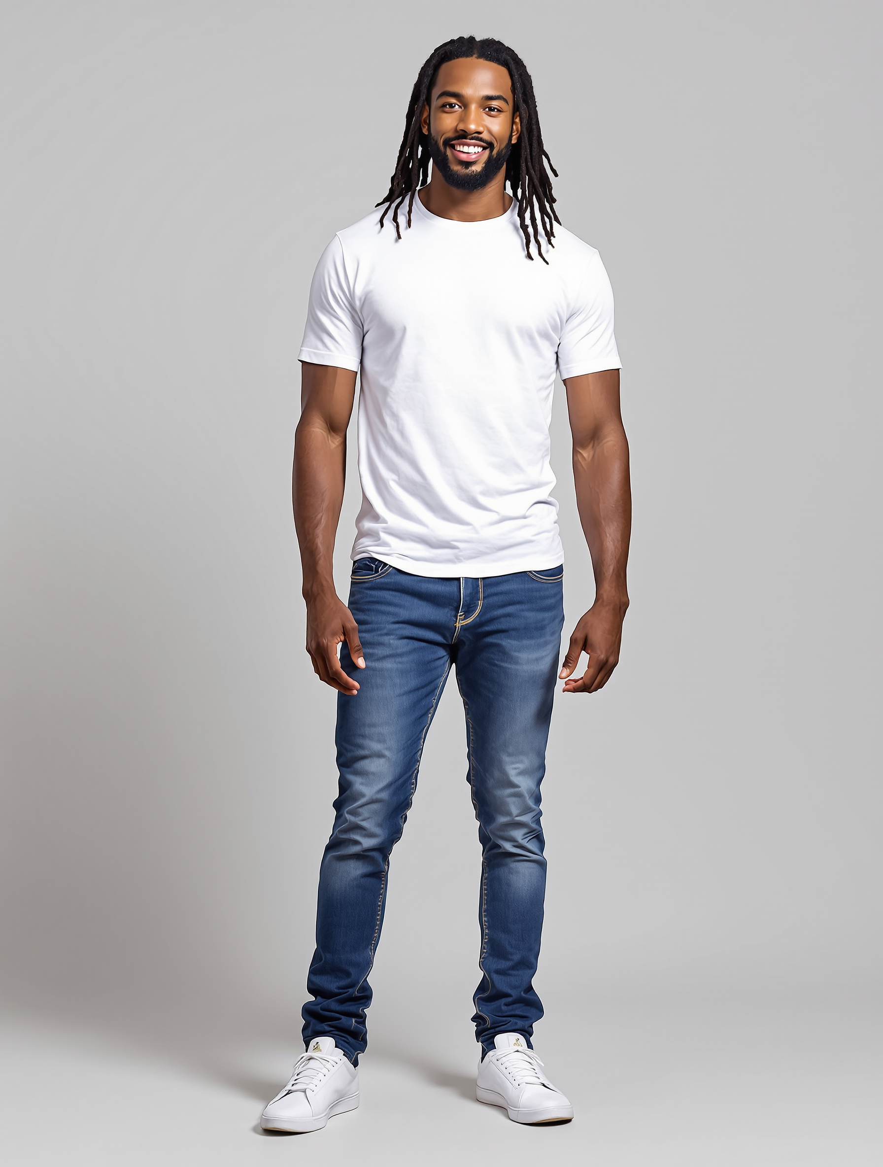Man in white crew neck tee and dark blue jeans smiling at camera