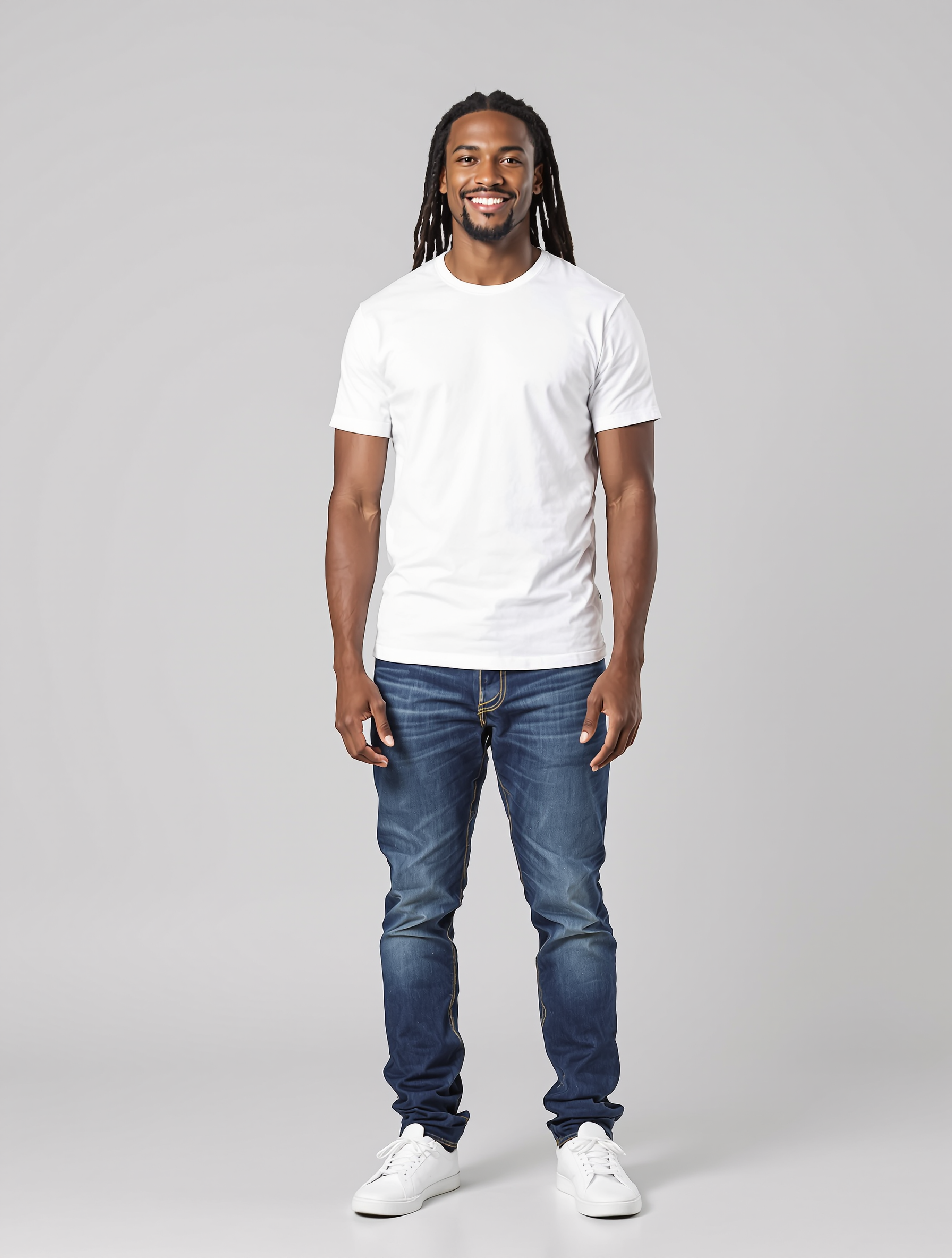Man with dreadlocks in white t-shirt and dark jeans