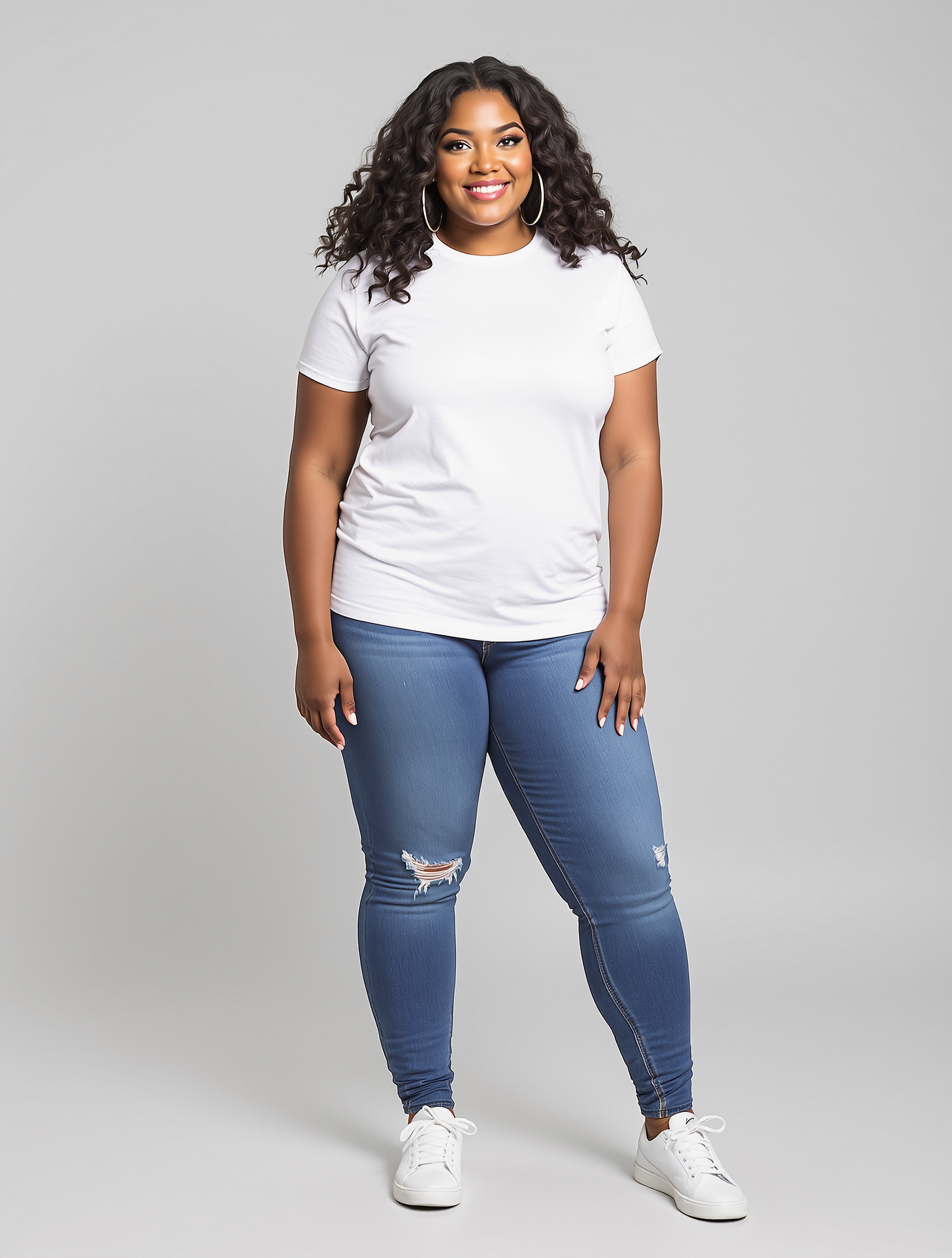 Person in white tee and distressed blue jeans with white sneakers