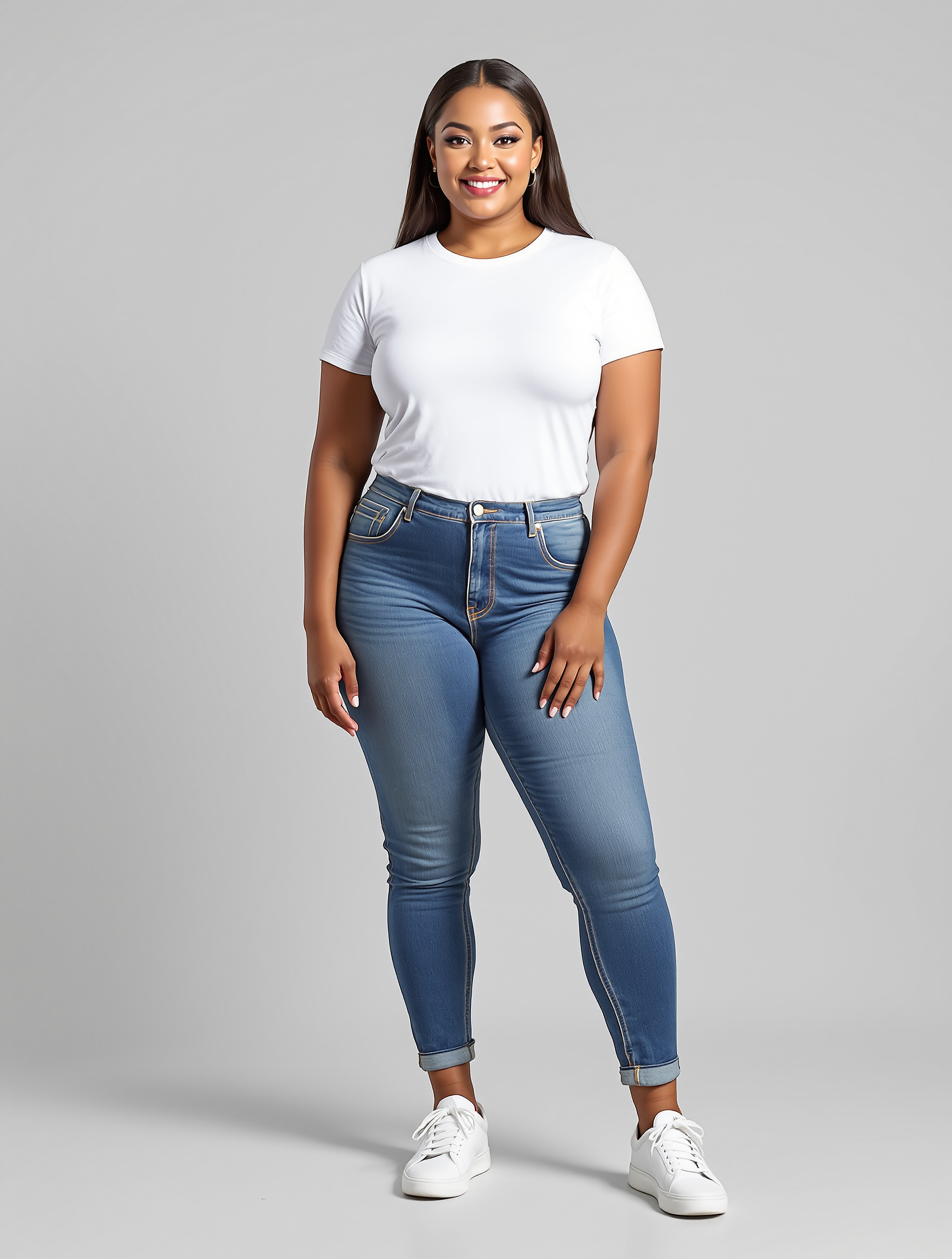 Woman in white t-shirt and cuffed blue jeans with white sneakers