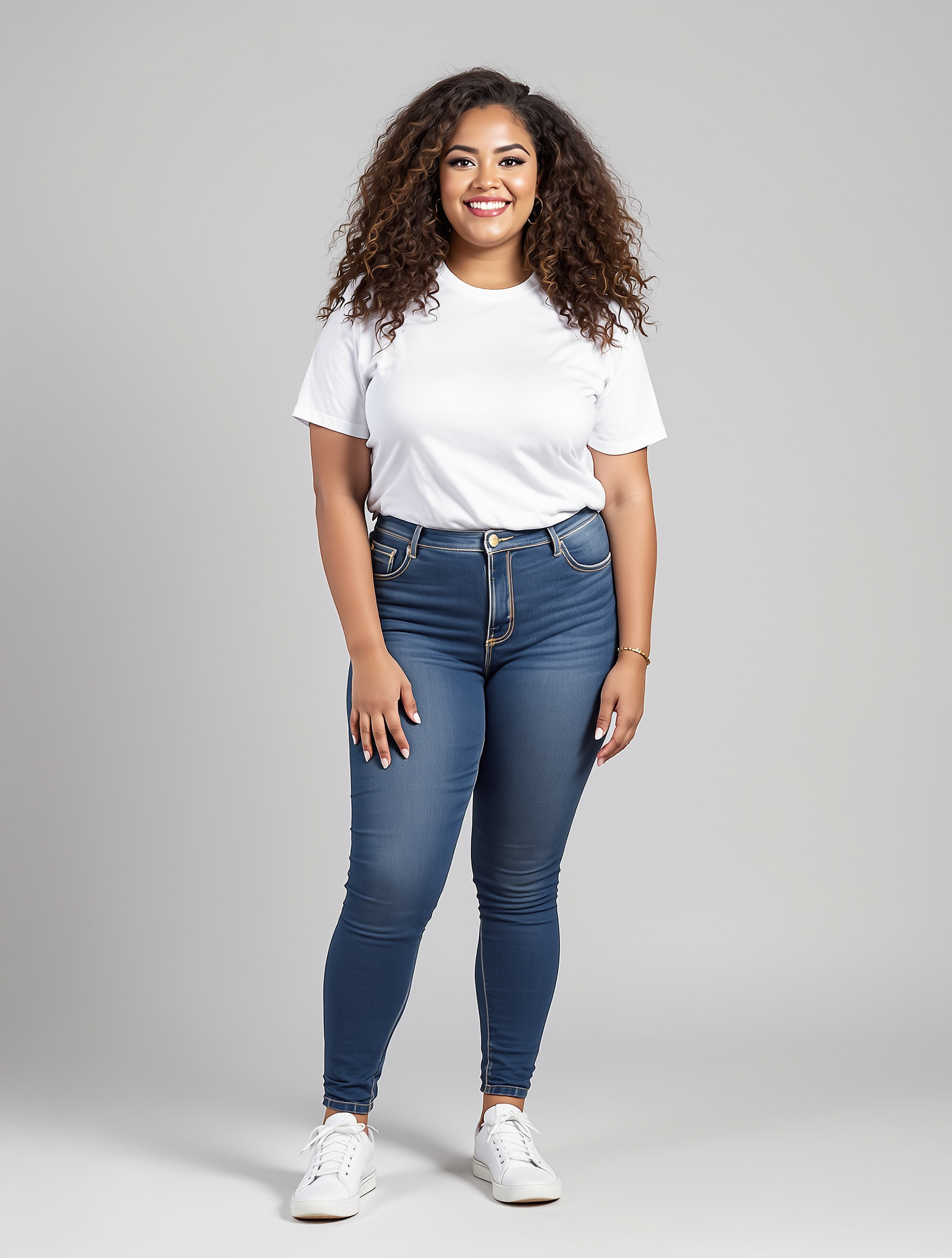 Woman in white t-shirt and dark skinny jeans smiling at camera