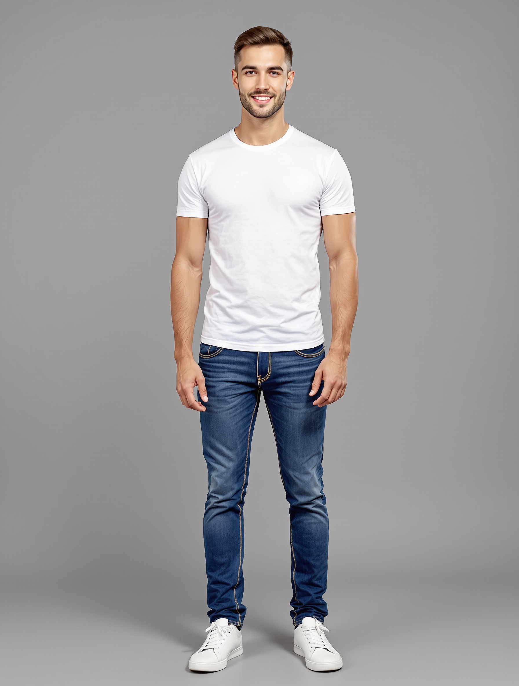 Man in white crew neck tee and dark jeans with white sneakers