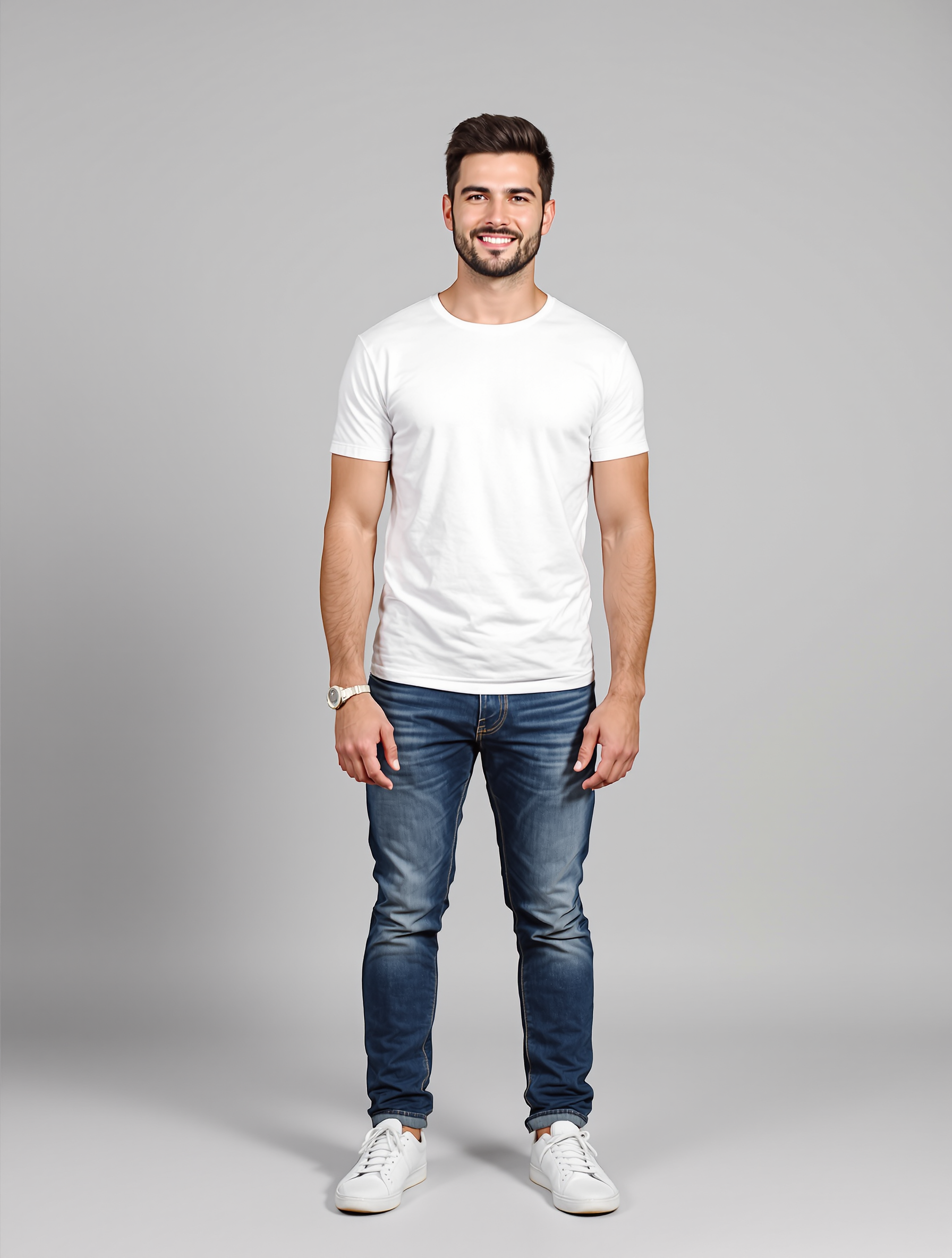 Man in white t-shirt and dark jeans with white sneakers