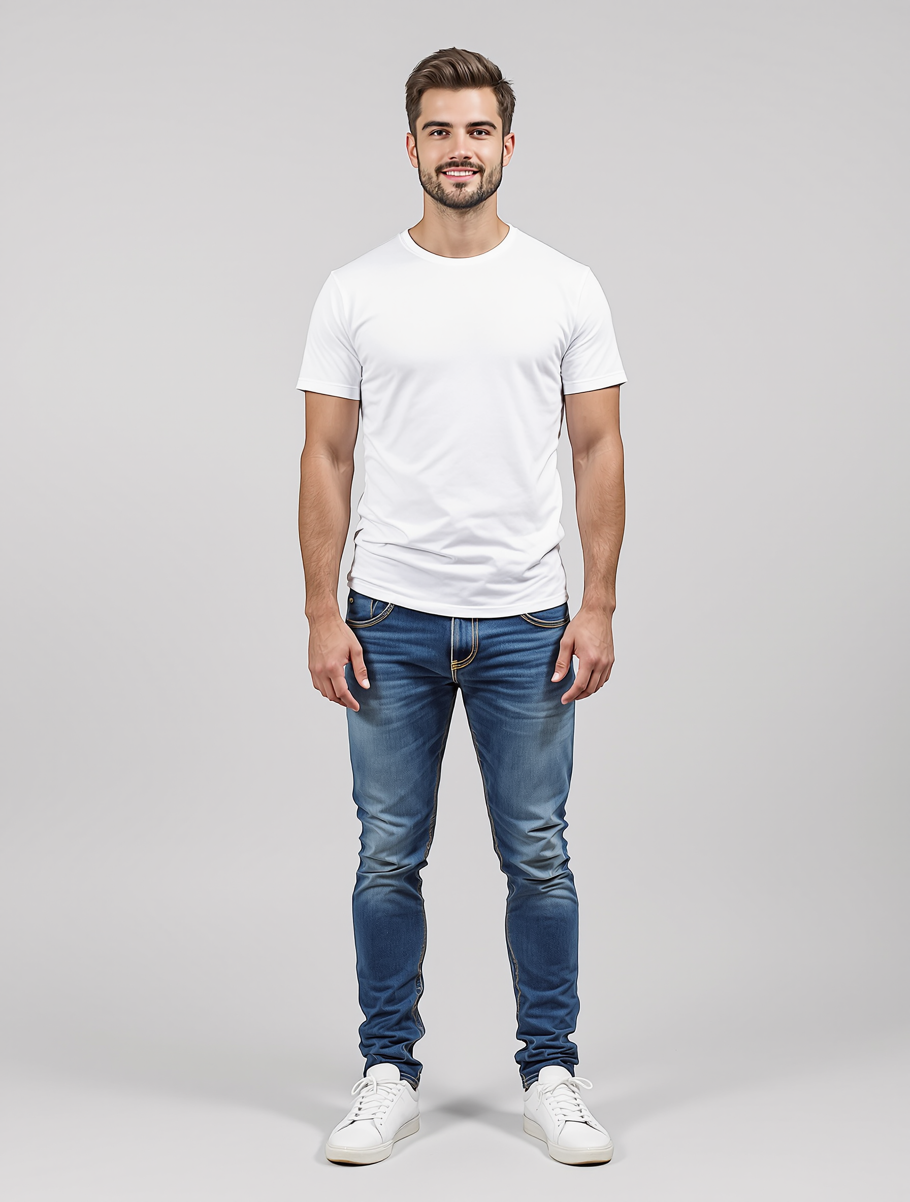 Man in white t-shirt and blue jeans standing against gray background
