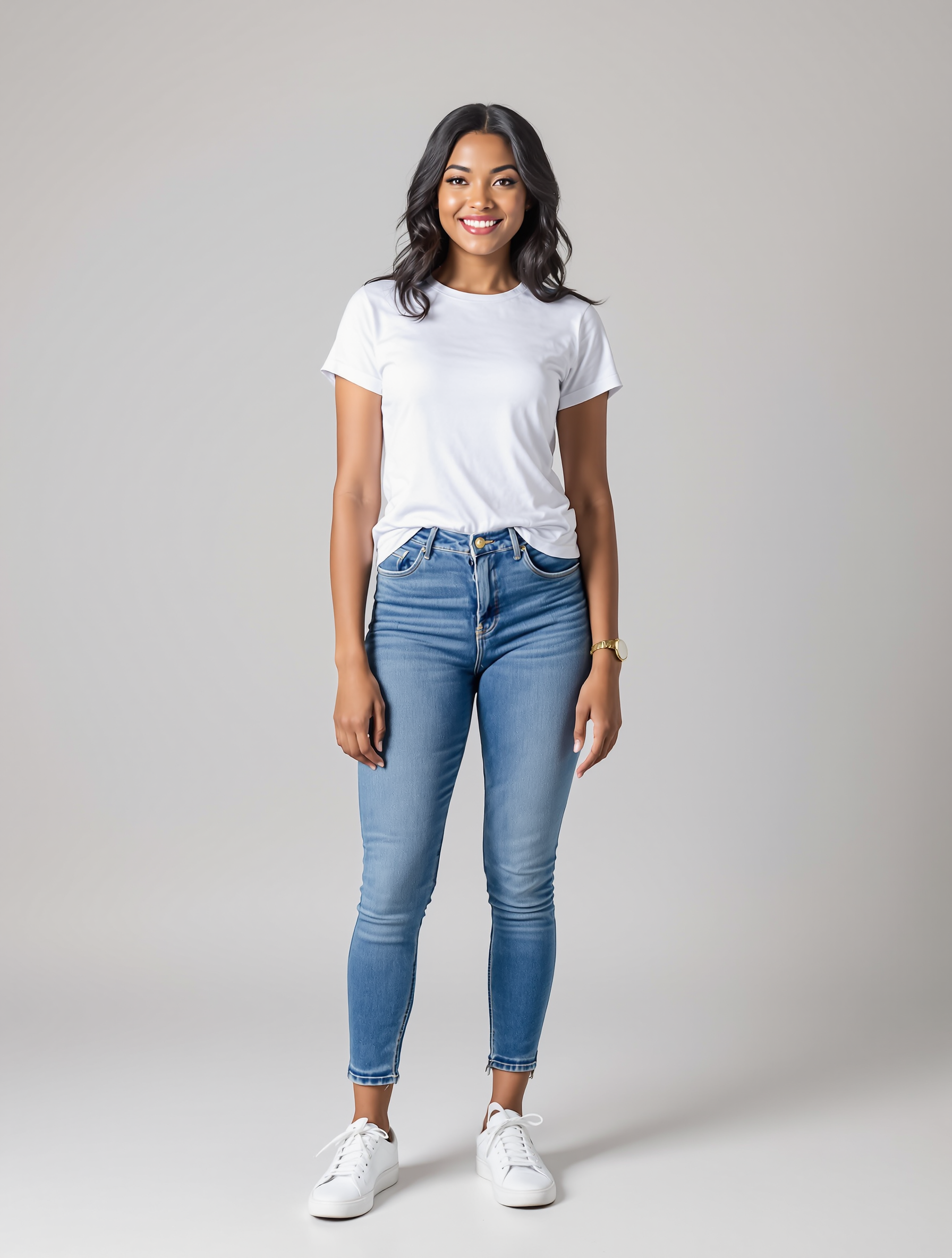 Woman in white t-shirt and blue skinny jeans with white sneakers