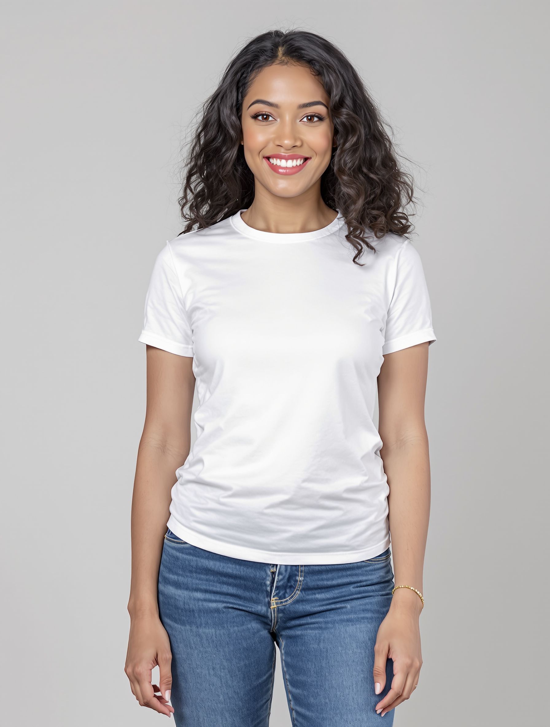 Woman in white crew neck tee and blue jeans smiling