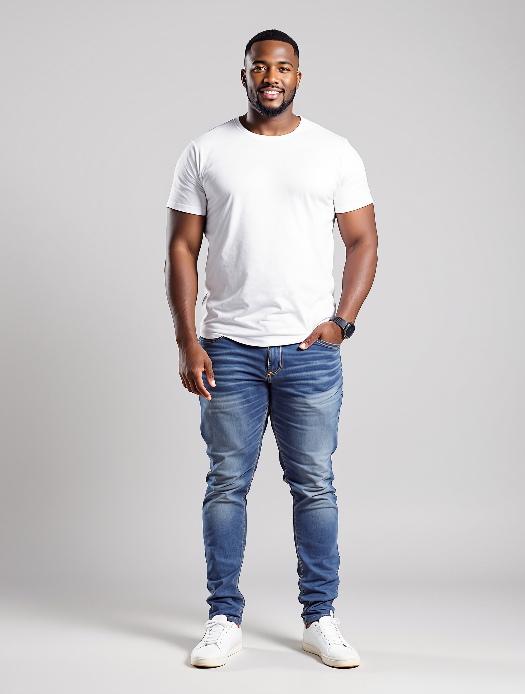 Man in white t-shirt and blue jeans smiling at camera