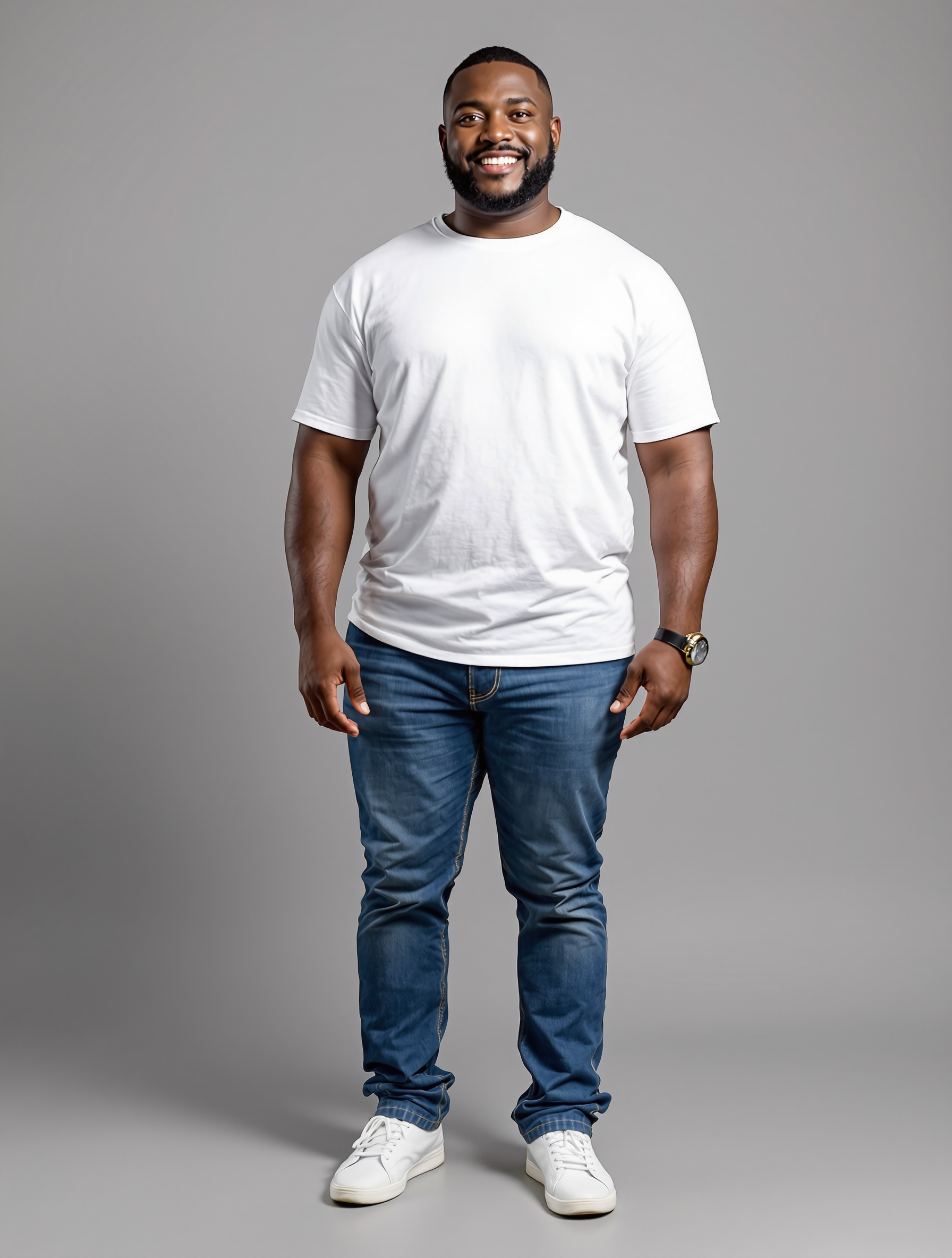 Man in white t-shirt and dark jeans smiling at camera