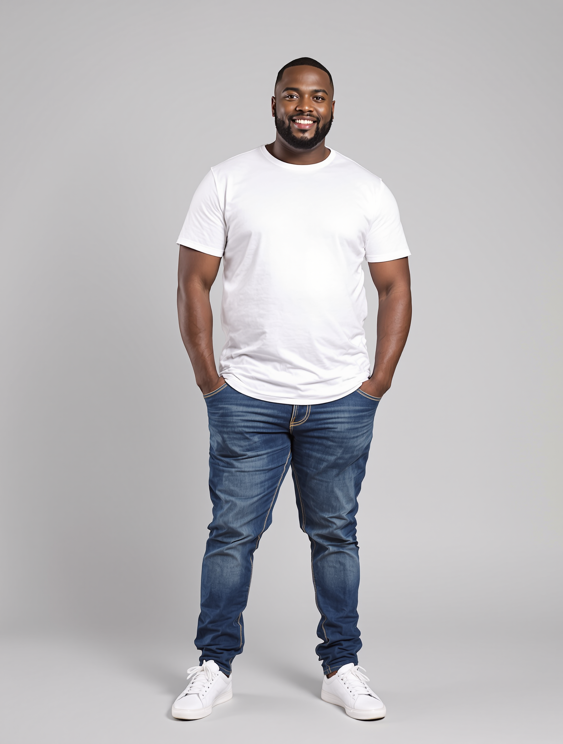 Man in white t-shirt and dark jeans standing against neutral background