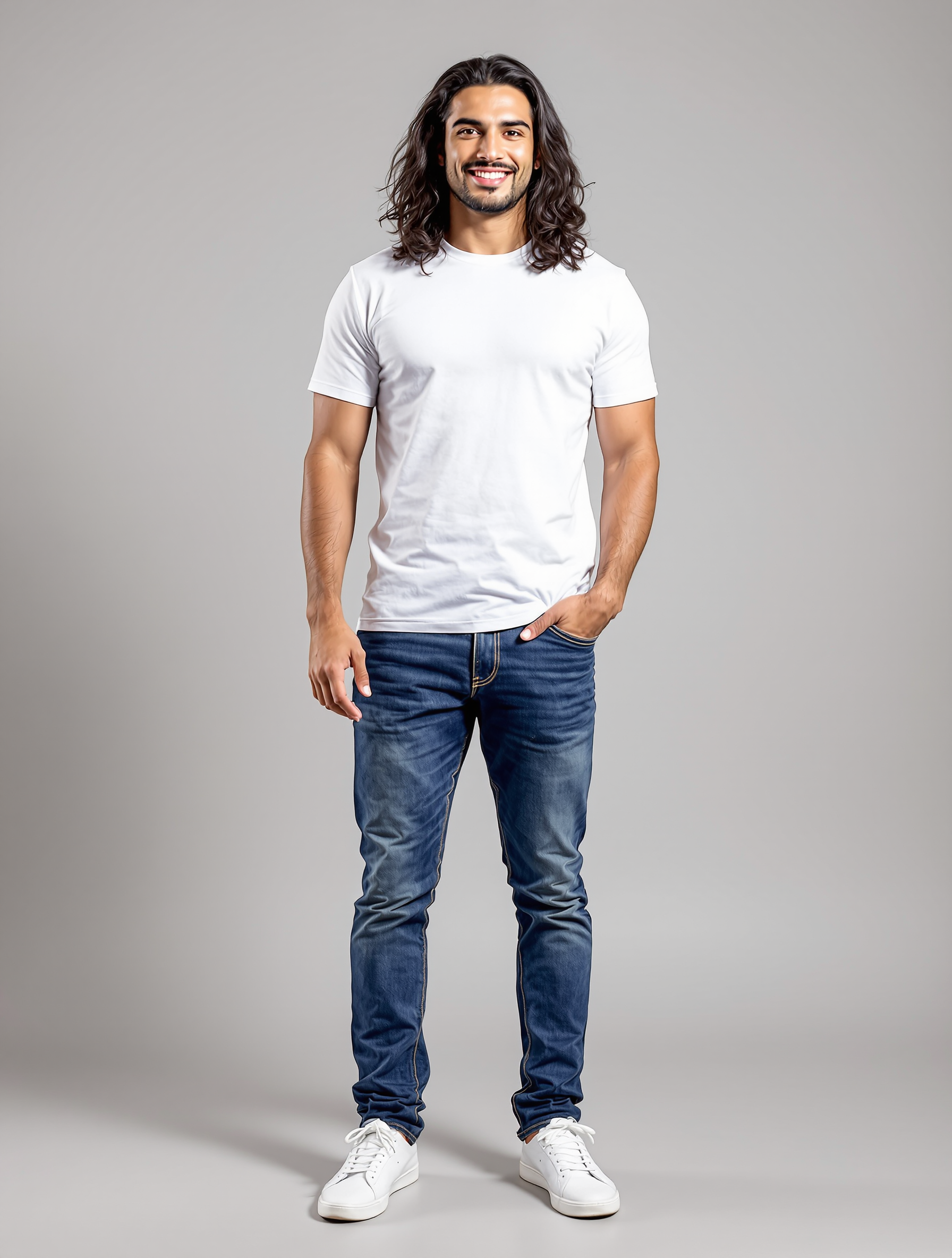 Man with long dark wavy hair in white tee and dark jeans