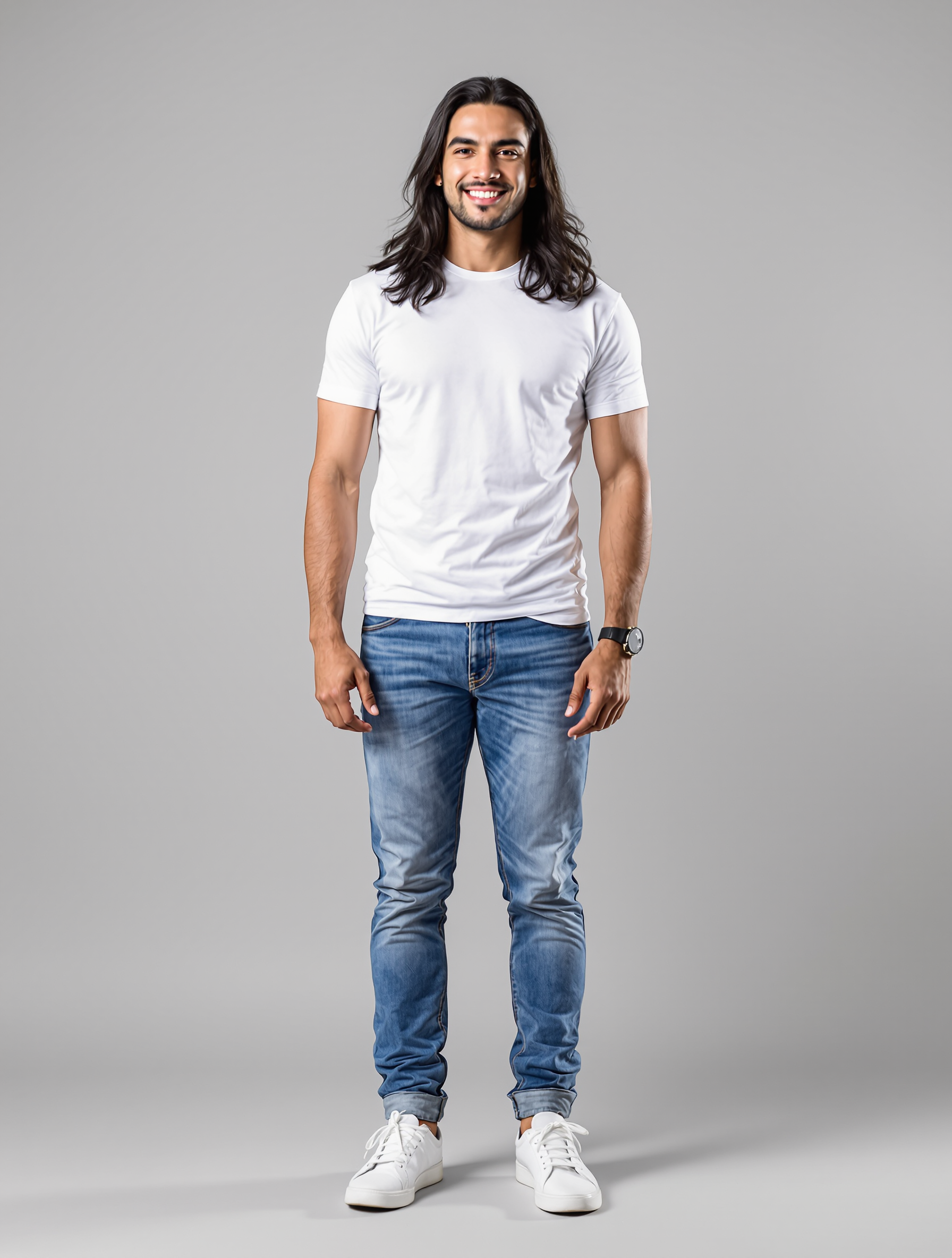 Man with long dark hair wearing white tee and blue jeans