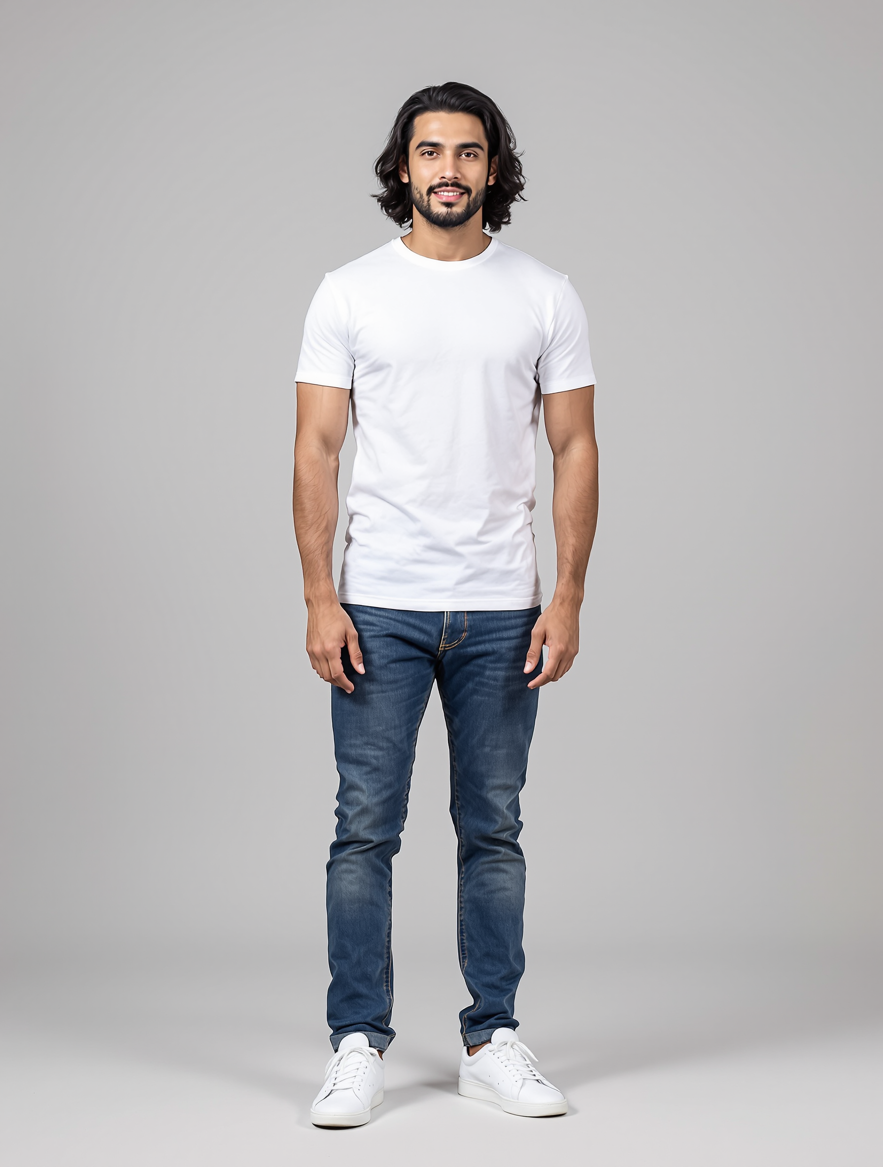 Man with shoulder-length dark hair in white t-shirt and jeans