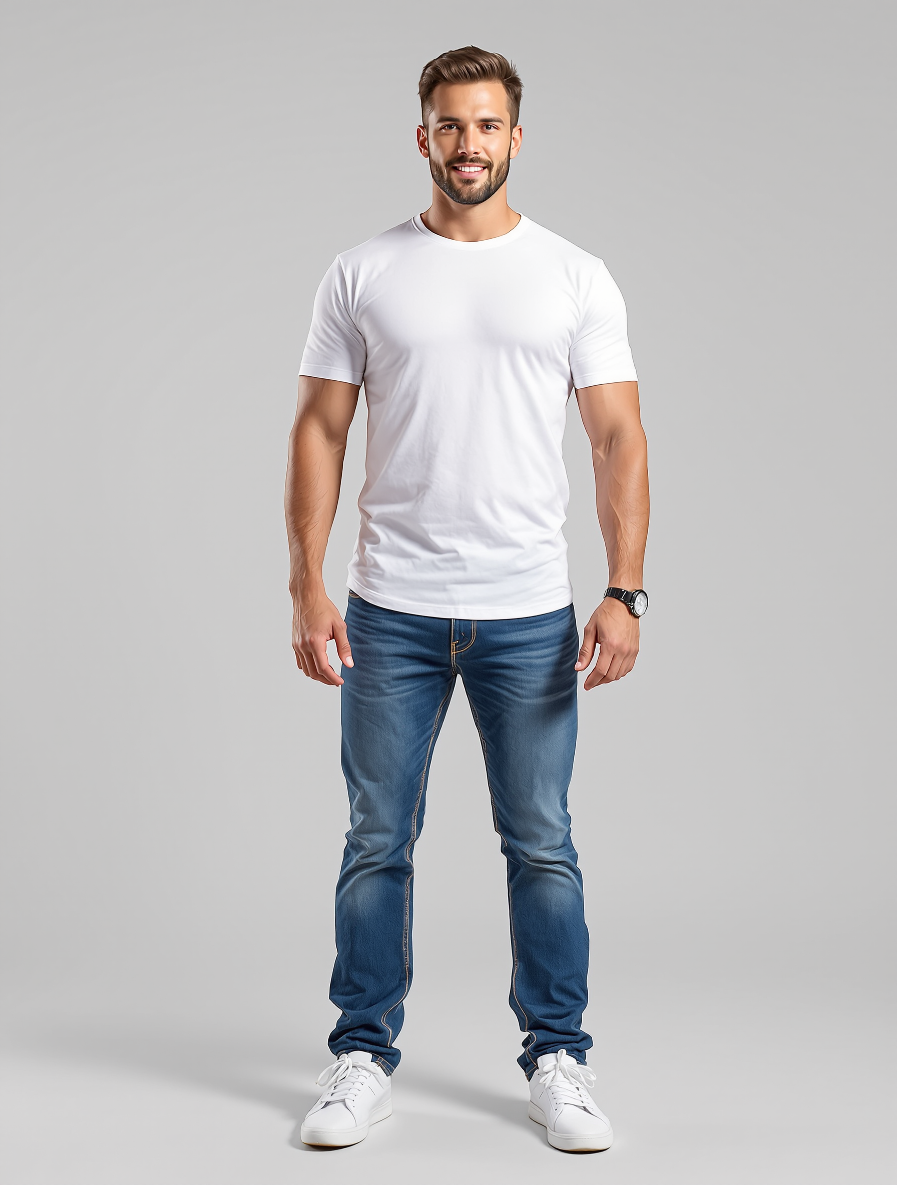 Man in white t-shirt and blue jeans with white sneakers