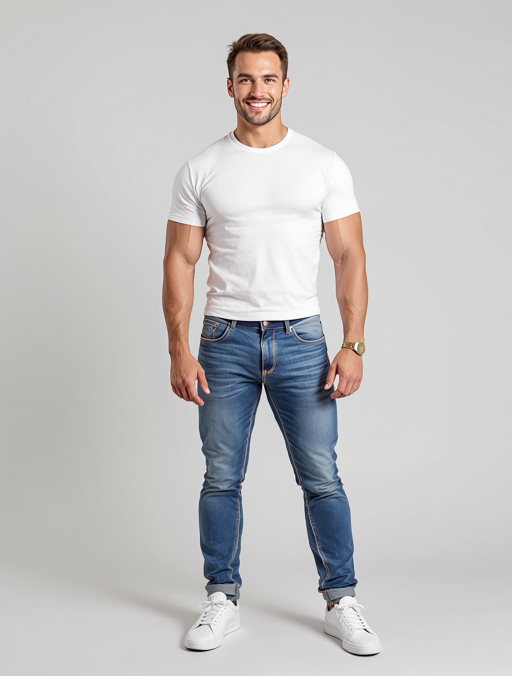 Man in white t-shirt and blue jeans smiling at camera