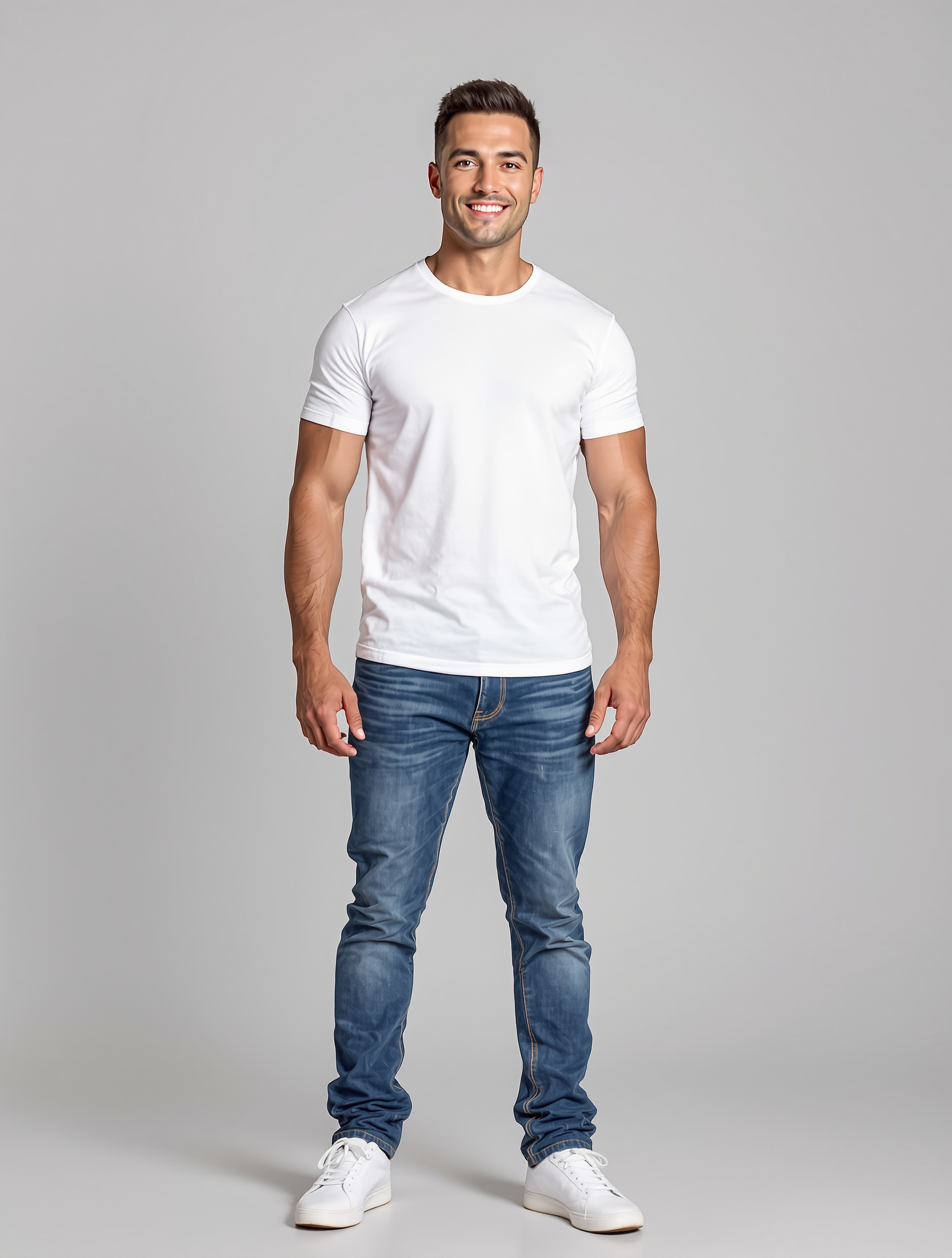 Man in white t-shirt and dark blue jeans standing against gray background