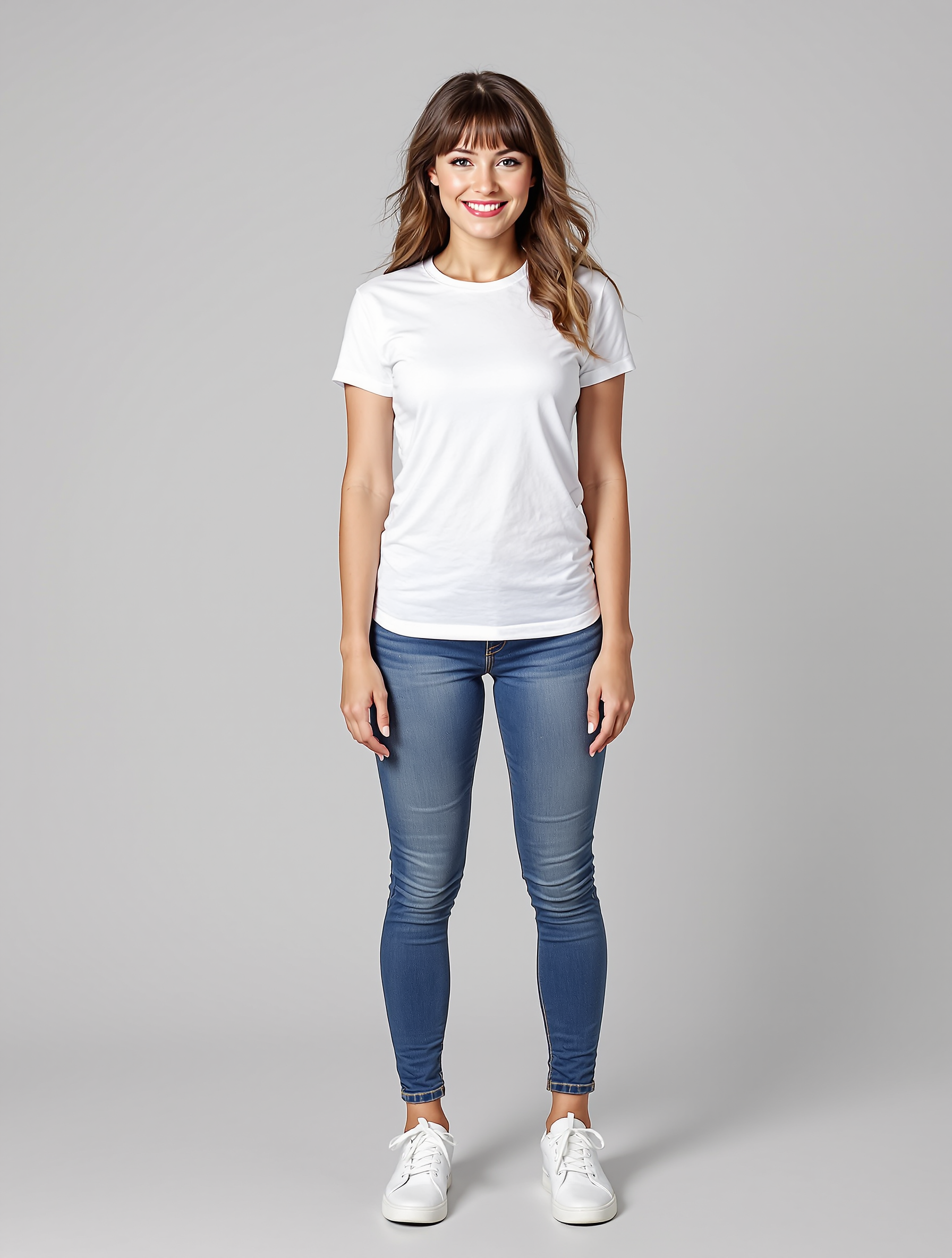 Woman in white tee and blue skinny jeans with white sneakers
