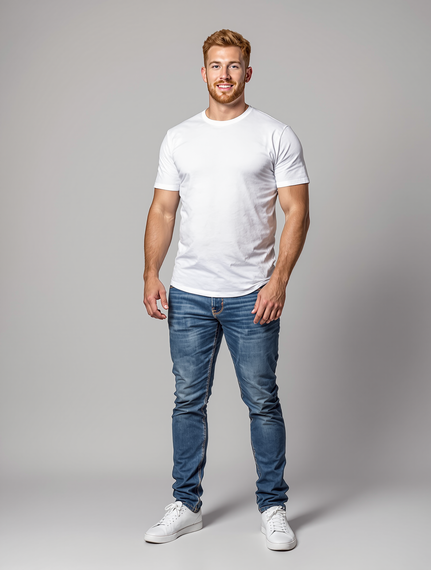 Man in white t-shirt and blue jeans standing against gray background