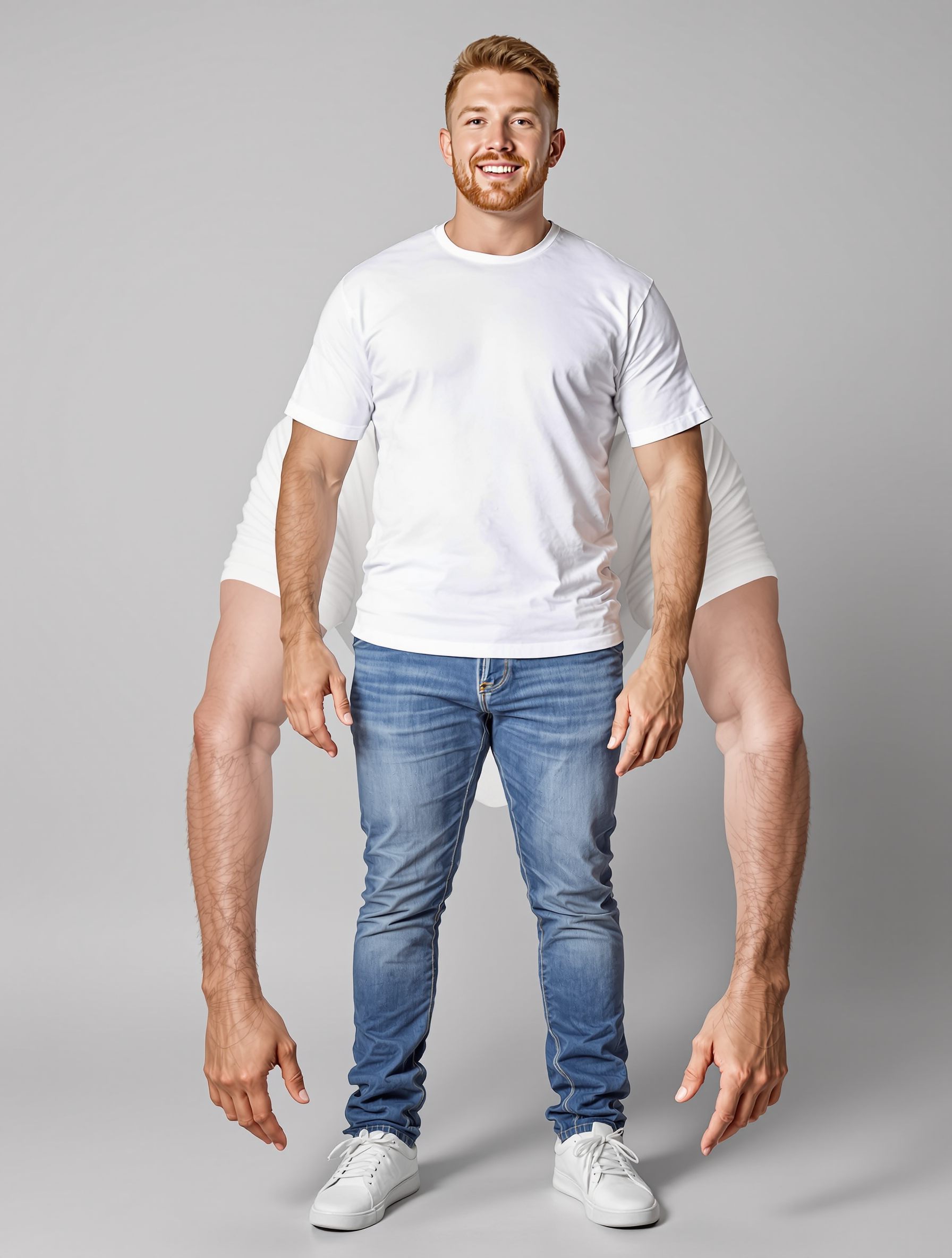 Man in white t-shirt and blue jeans standing against gray background