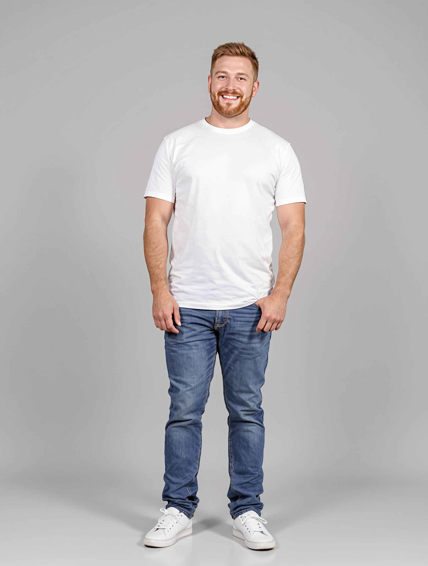 Man in white t-shirt and blue jeans smiling at camera