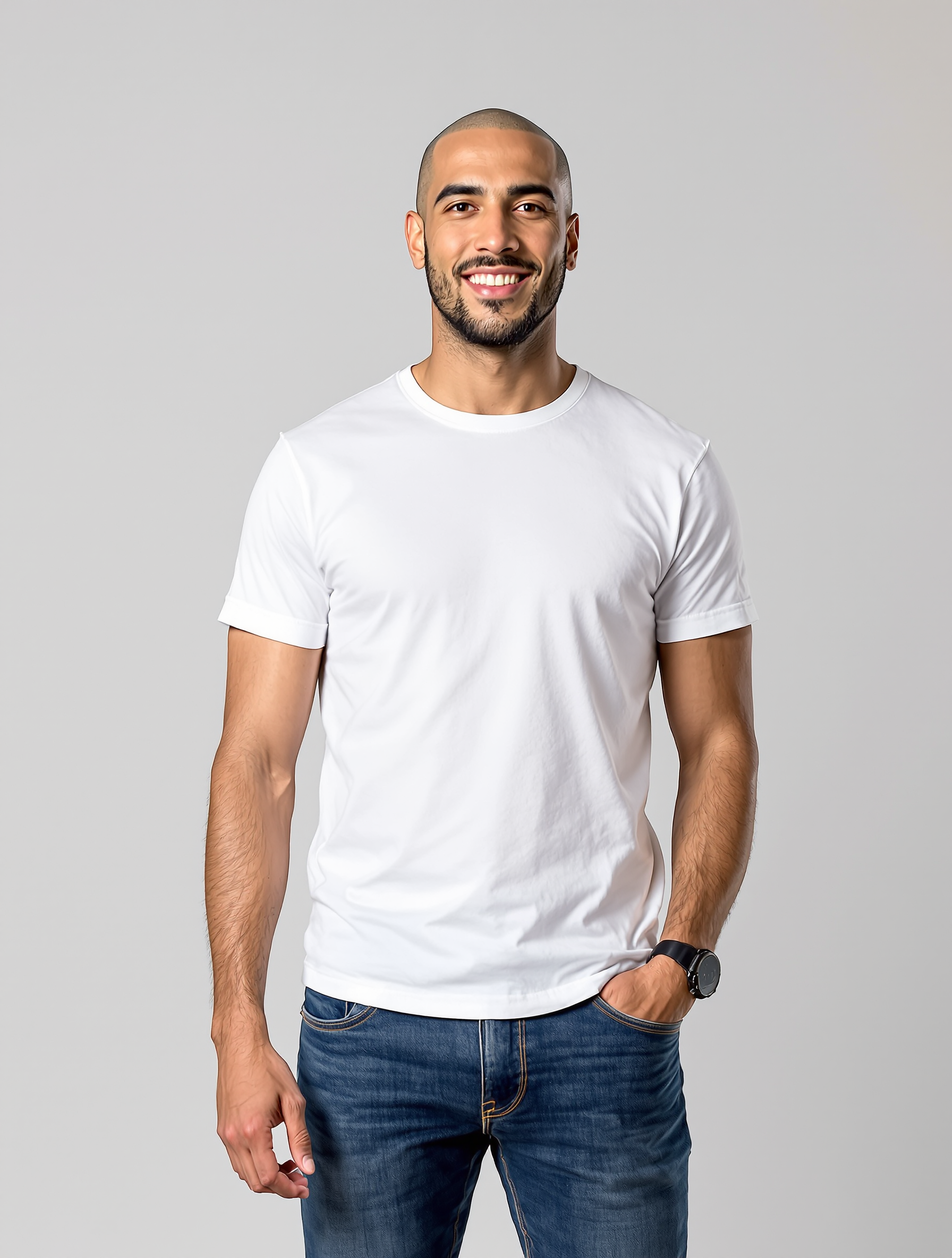 Man in white t-shirt and dark jeans smiling at camera