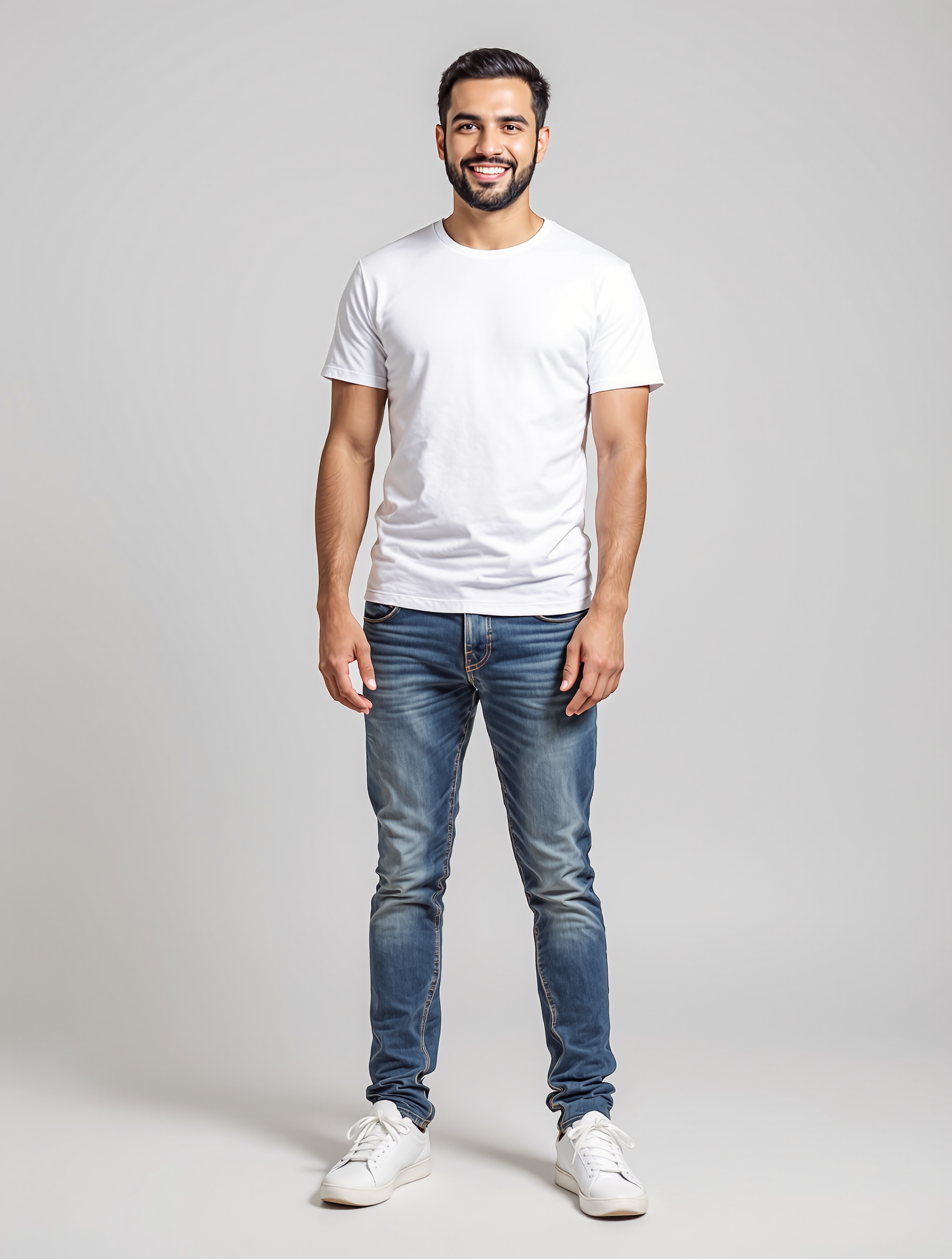 Man in white t-shirt and blue jeans smiling at camera